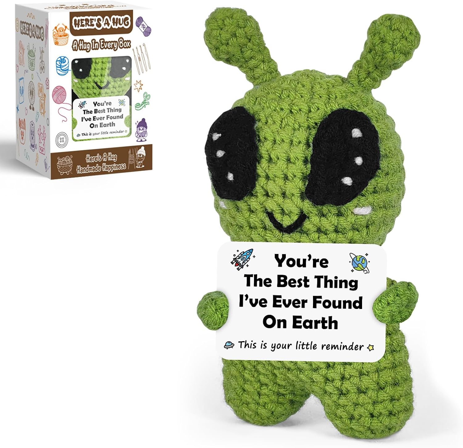 Positive Crochet Alien Emotional Support with Gift Box - Cute for Women Men Long Distance Friendship - Handmade Amigurumi Desk Decor Easter Basket Stuffer