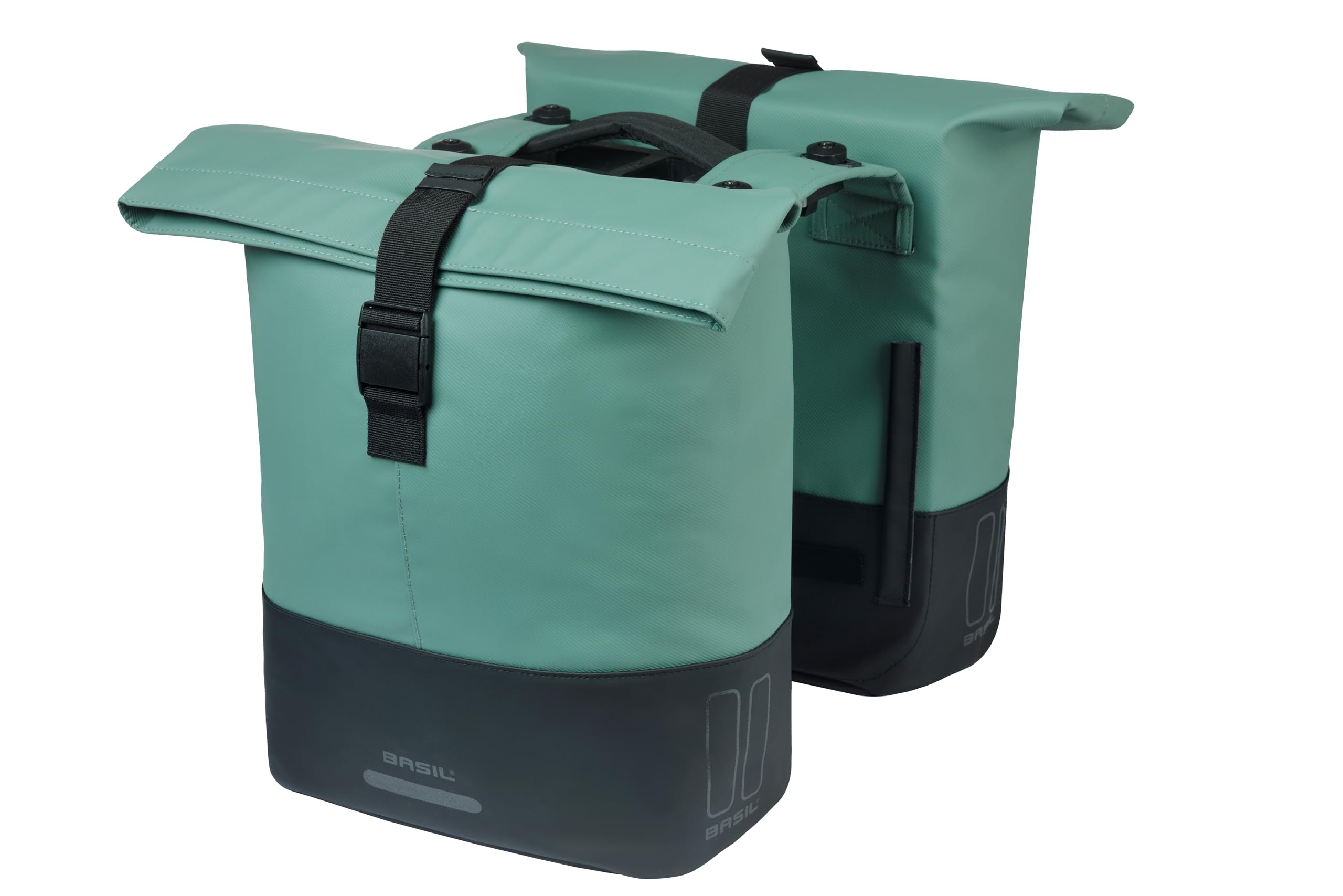 Basil Cove Double Bicycle Pannier Rack - with MIK Adapter Plate - 28-32L - Waterproof - Reflective - Recycled Material - 29 x 14.5 x 36 cm - Green/Black
