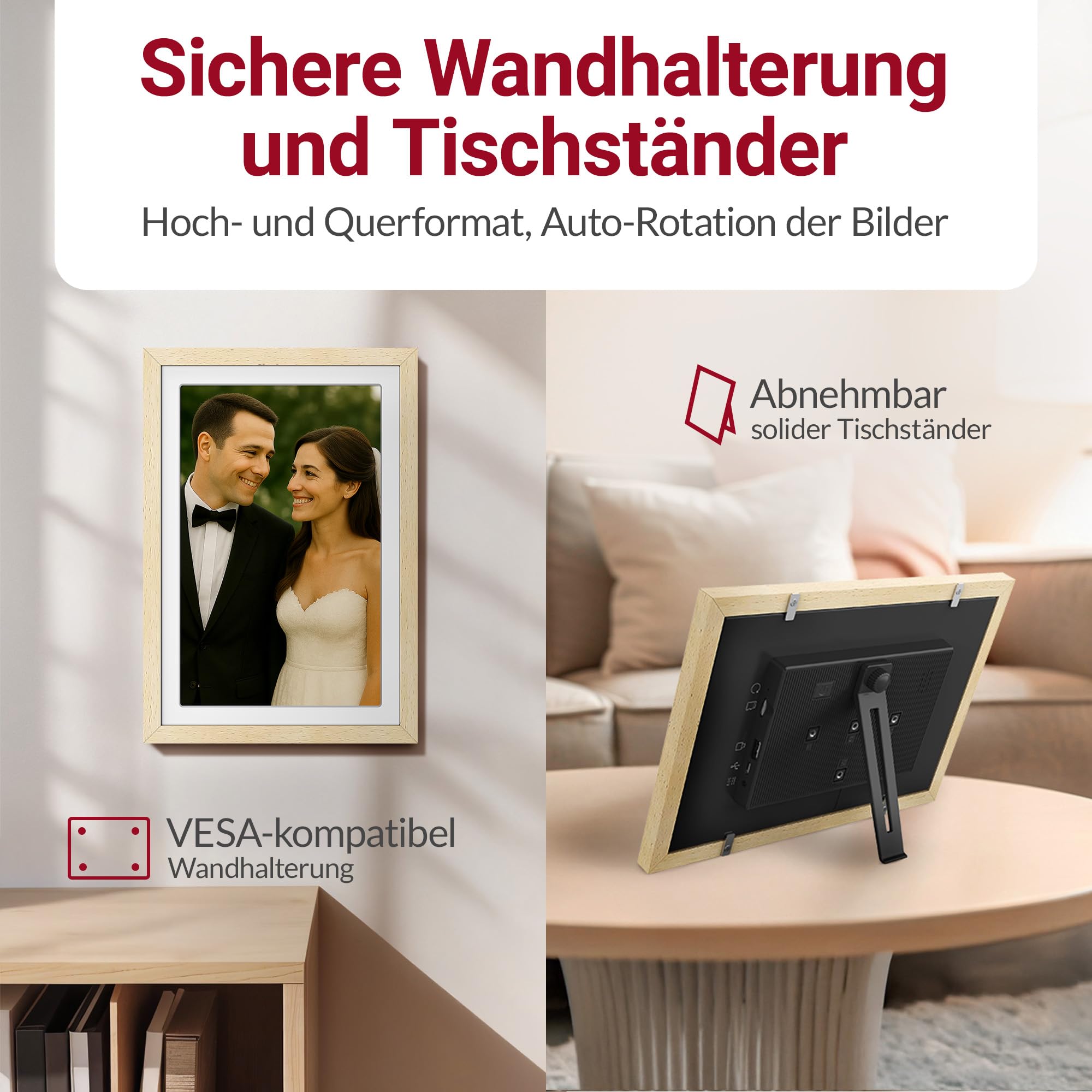 XORO 10,1 Zoll WiFi Digitale Bilderrahmen, 1920x1080 Full HD 1080P IPS Touch Display, 32GB Speicher, Automatische Rotation, Buchenholz, Teilen Sie Fotos sofort von überall aus