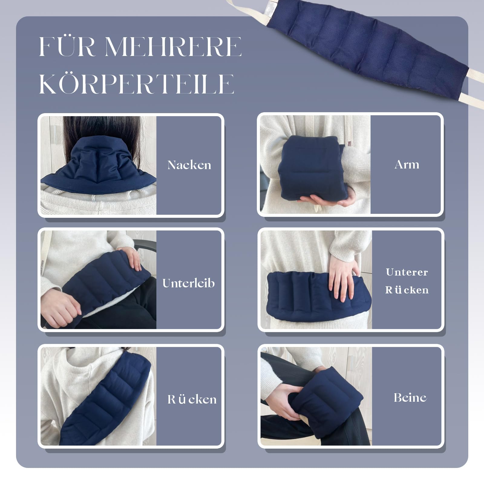 uncn Kirschkernkissen mit zwei Henkeln, 13 * 85cm Körnerkissen Mikrowelle für Nacken, Baumwollstoff, Wärmekissen Mikrowelle Dunkelblau
