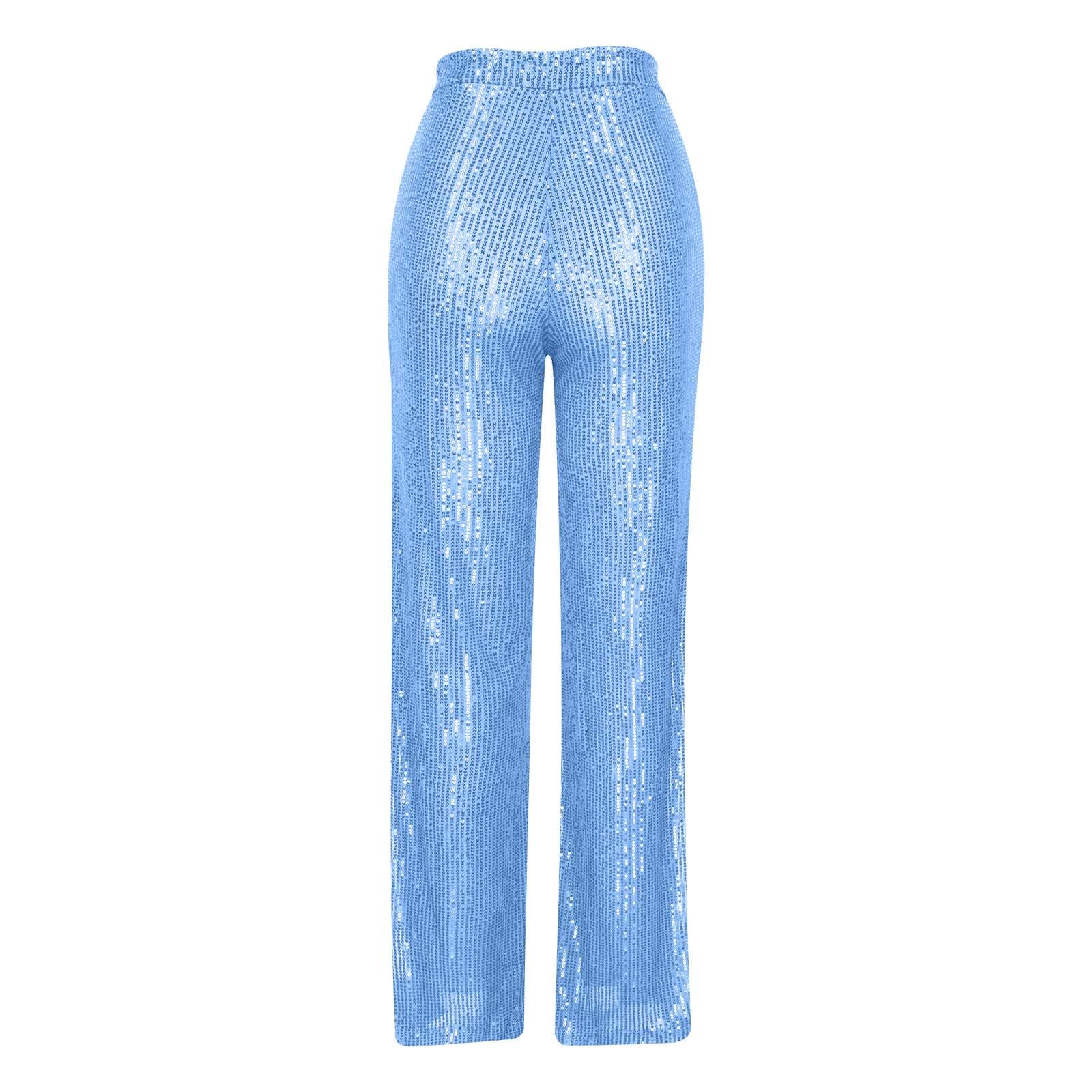 XUNRYAN Sequin Pants Women's 70s Disco Outfits High Waist Wide Leg Palazzo Pants Party Clubwear Trousers Hippie Clothes Sky Blue