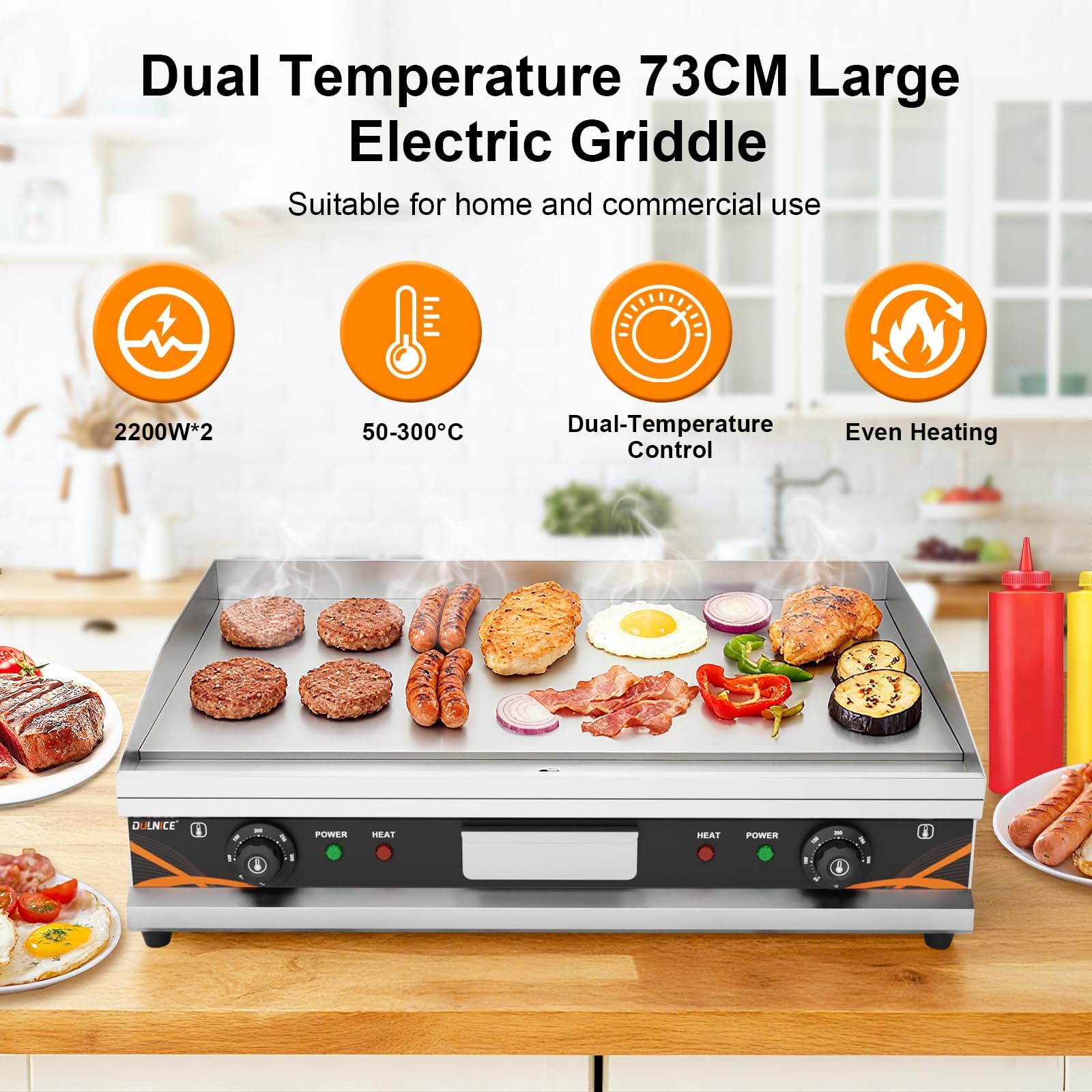Plancha Électrique Professionnelle en Acier Inox 73x47cm, 4400W | Commerciale Plancha Electrique de Cuisson Grill Lisse, Thermostat Réglable 50 à 300°C, Grill de Table pour Restaurant