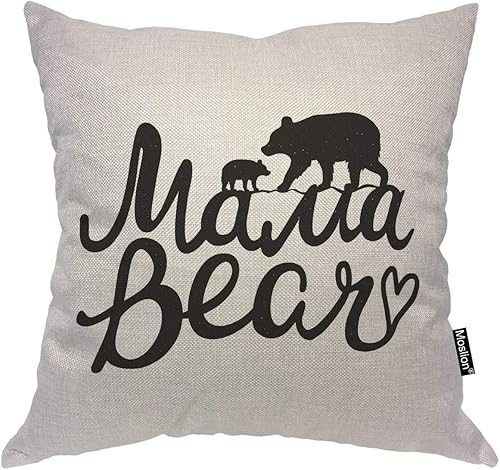 Moslion Mama Bear Throw Pillow Cover Bear Silhouette Funny Quote Cute Animal Cartoon Black Square Pillow Case Cushion Cover for Home Car Decorative