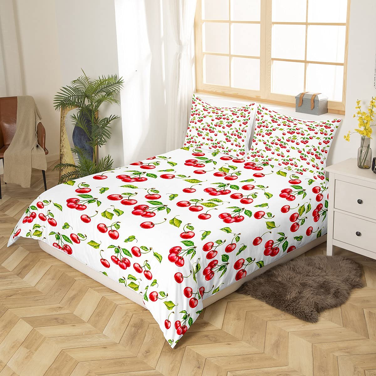 Homemissing Cute Cherries Duvet Cover Red Cherry Bedding Set for Kids Boys Girls Teens Fruit Comforter Cover Green Leaf Branches Bedding & Linen Natural 2Pcs Zipper Single Size - Image 3