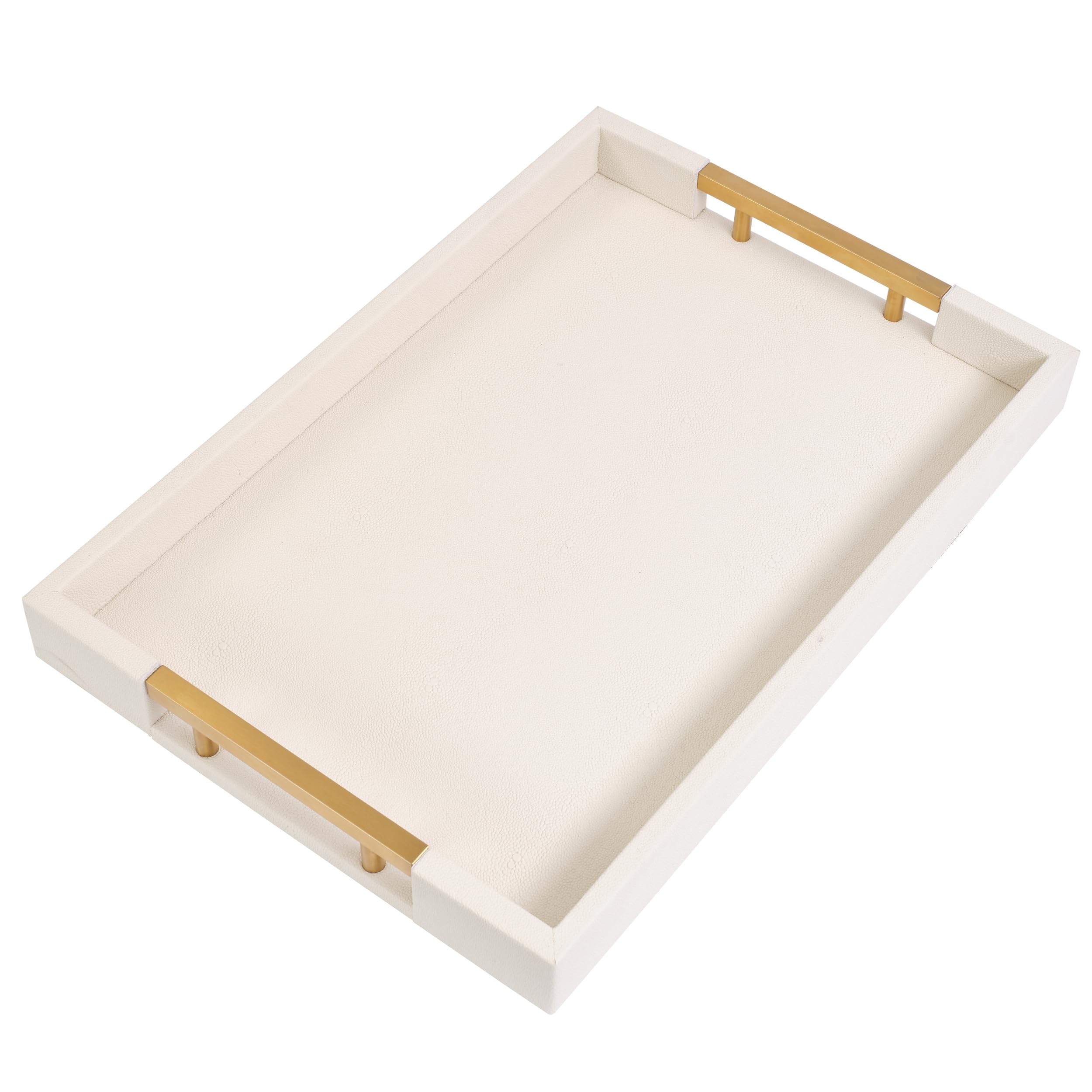 YAMILAN-17 x12 Serving Tray with Gold Polished Metal Handles,Decorative Tray for Coffee Table,Ottoman Tray for Living Room,Modern Elegant Rectangle Leather Trays for All Occasions/Devilfish/Cream