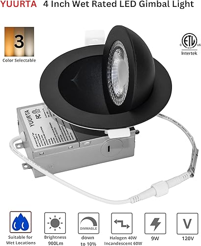 Miniatura 2 de YUURTA Luz LED de cardán de 4 pulgadas, 9 W, seleccionable a color, 3000 K4000 K5000 K, clasificación húmeda, 120 V, 900 lm, iluminación empotrada