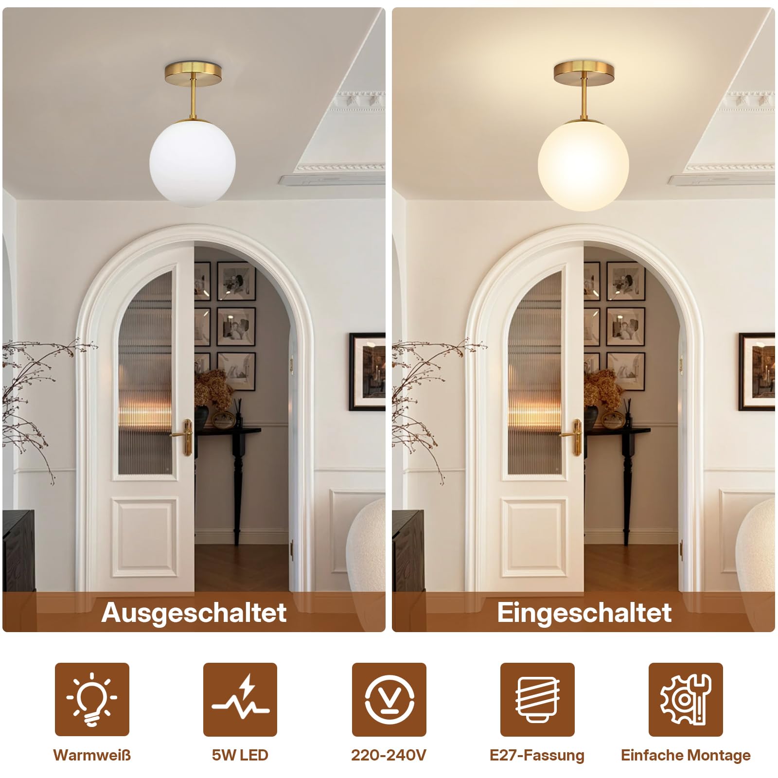 Deckenlampe Gold Vintage, E27 Retro Deckenleuchte Hängend Kugel Glas Weiß | Lampenschirm IP44 Wasserfest Badlampe Decken Hängelampe für Wohnzimmer Schlafzimmer Küche Flur, Ø20cm (Inkl. Glühbirne)