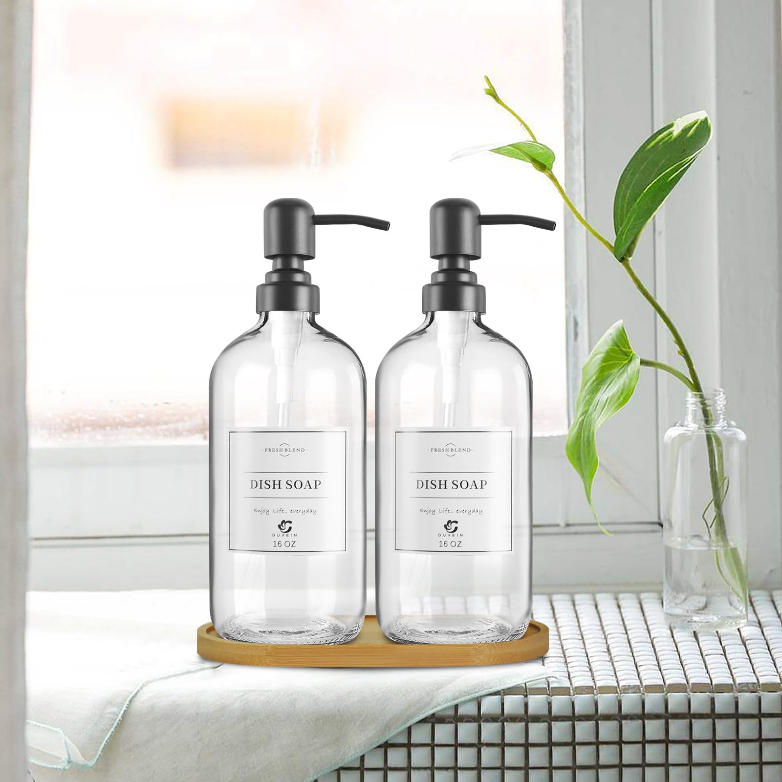 Duvein 2 Pack Clear Glass Soap Dispenser Refillable Bottles with Bamboo Tray for Kitchen Bathroom Soap Hand Soap Lotion Conditioner Body Wash Shampoo Waterproof Labels-Clear Bottles+ Black Pumps