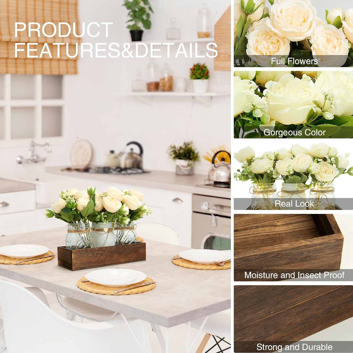 XXXFLOWER 3 Pcs Mason Jars Lights Fall Table Centerpieces - Christmas Gifts for Women Mom Wife,Indoor Decors for Farmhouse Coffee Table Dining Room Kitchen Wedding - Image 3