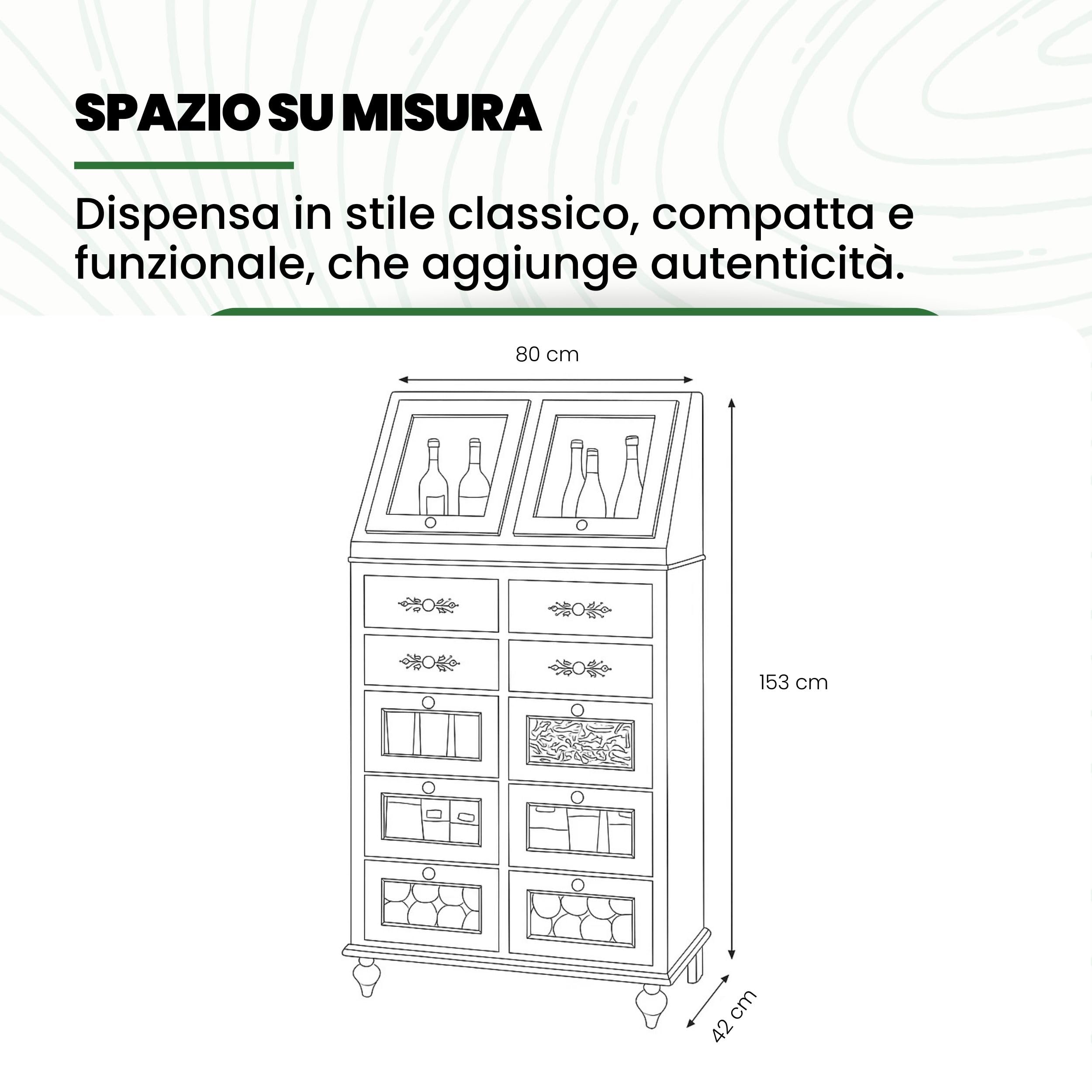 Mar.c.a. Design - Mobile Dispensa Arte Povera in Legno 80x42x153 cm - Dispensa Credenza per Cucina con 10 Cassetti e 2 Ante - Made in Italy