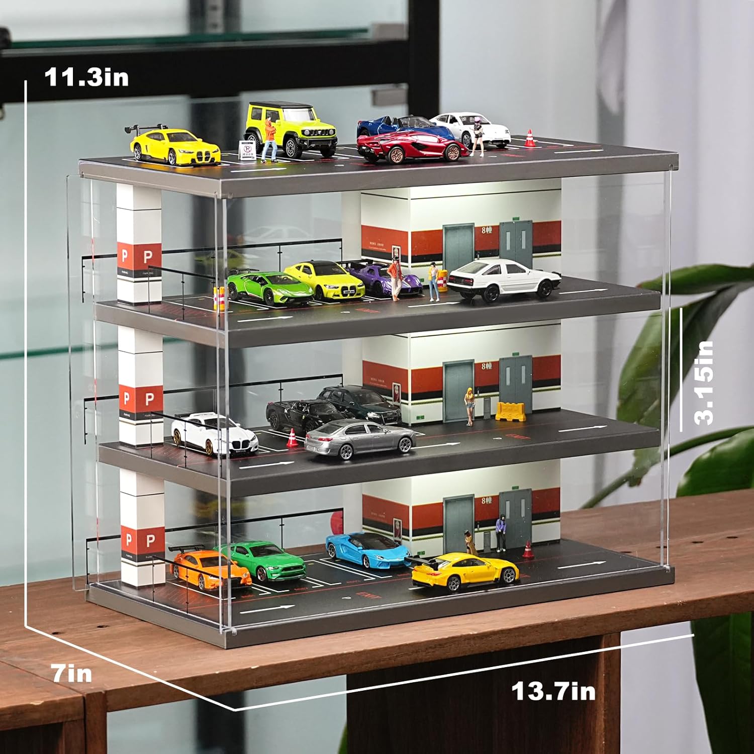 Clear Display Case for Hot Wheels Matchbox Toy Cars 1:64 Diecast Model Car Parking Diorama Garage Showcase Dustproof Storage with Lights