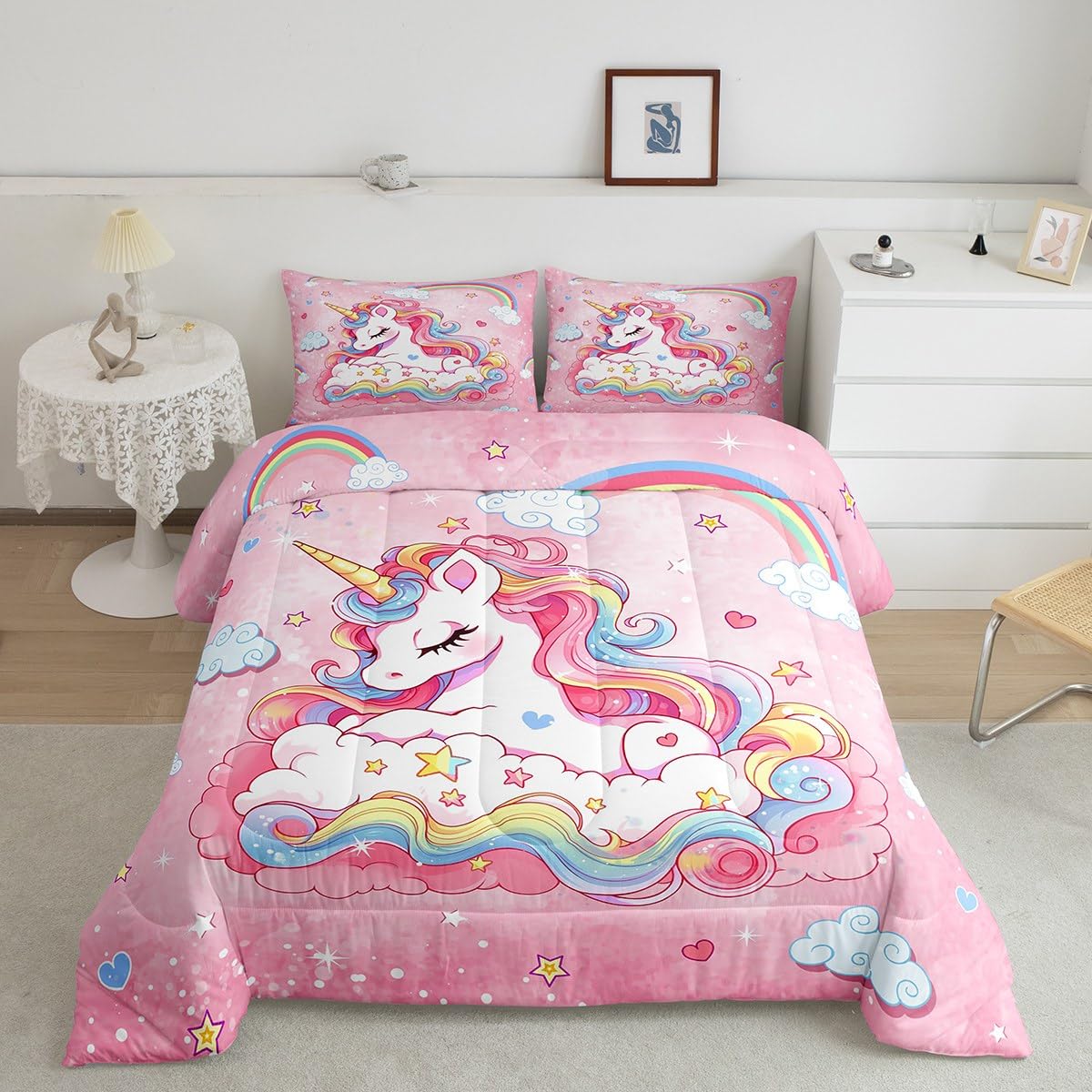 jejeloiu Cute Unicorn Comforter Set Twin Size Kids Pink Cartoon Unicorn Comforter for Boys Girls Teens Magical Animal Decor Bedding Set Dreamy Horse Duvet Set Room Decor Quilt Set