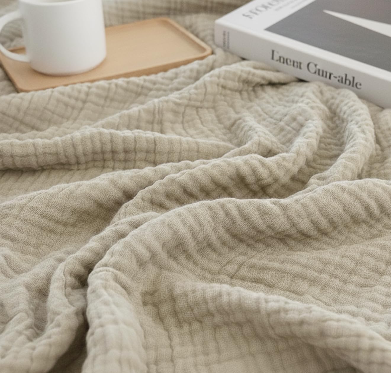 KyraHome 100% Organic Cotton 90"x104" King Size Muslin Blankets for Adults, Kids, Pre-Washed Plant Dyed, Breathable Cozy Gauze Bed Throw Blanket, All Season (Oatmeal Khaki) - Image 4