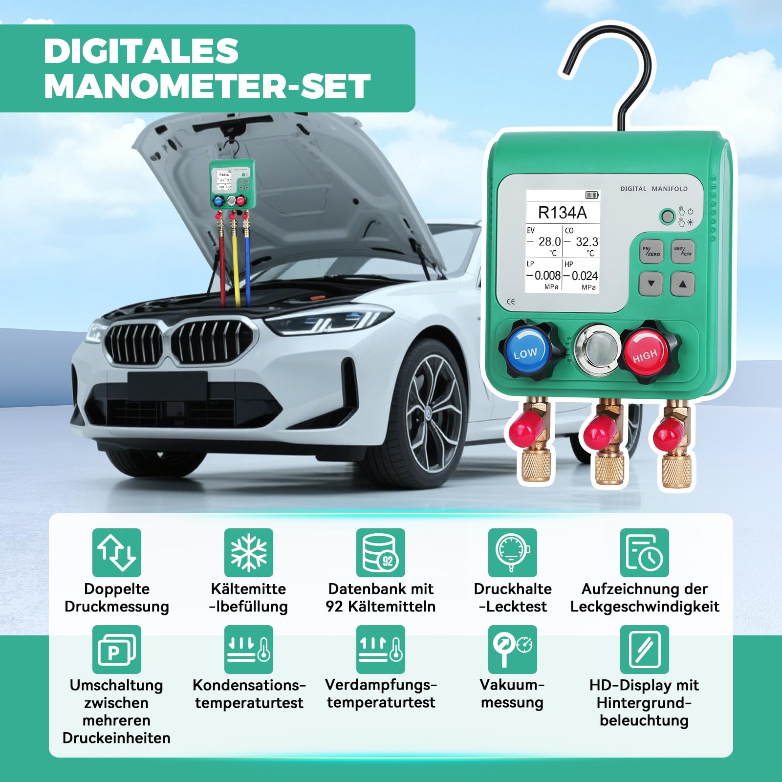 KAISAL Digitale Kältemittel Monteurhilfe Set für 92 Kühlmittel R32 R134A R22 R410A R1234YF HVAC Messgeräte Dualer Stresstest Manifold Gauge