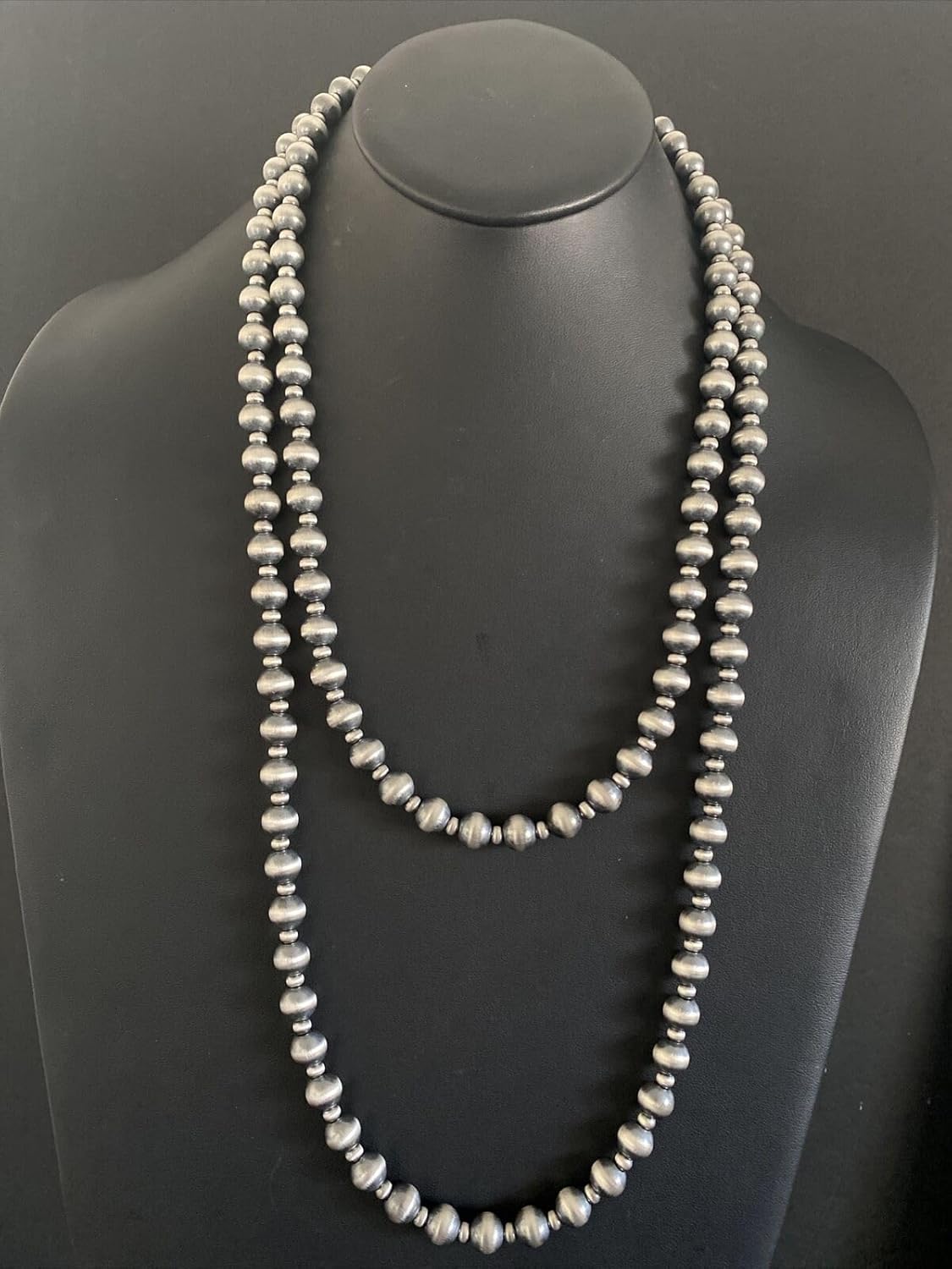 Sterling Silver 10mm 60 Inch Pearls Bead Necklace. southwestern jewelry "Navajo Style"