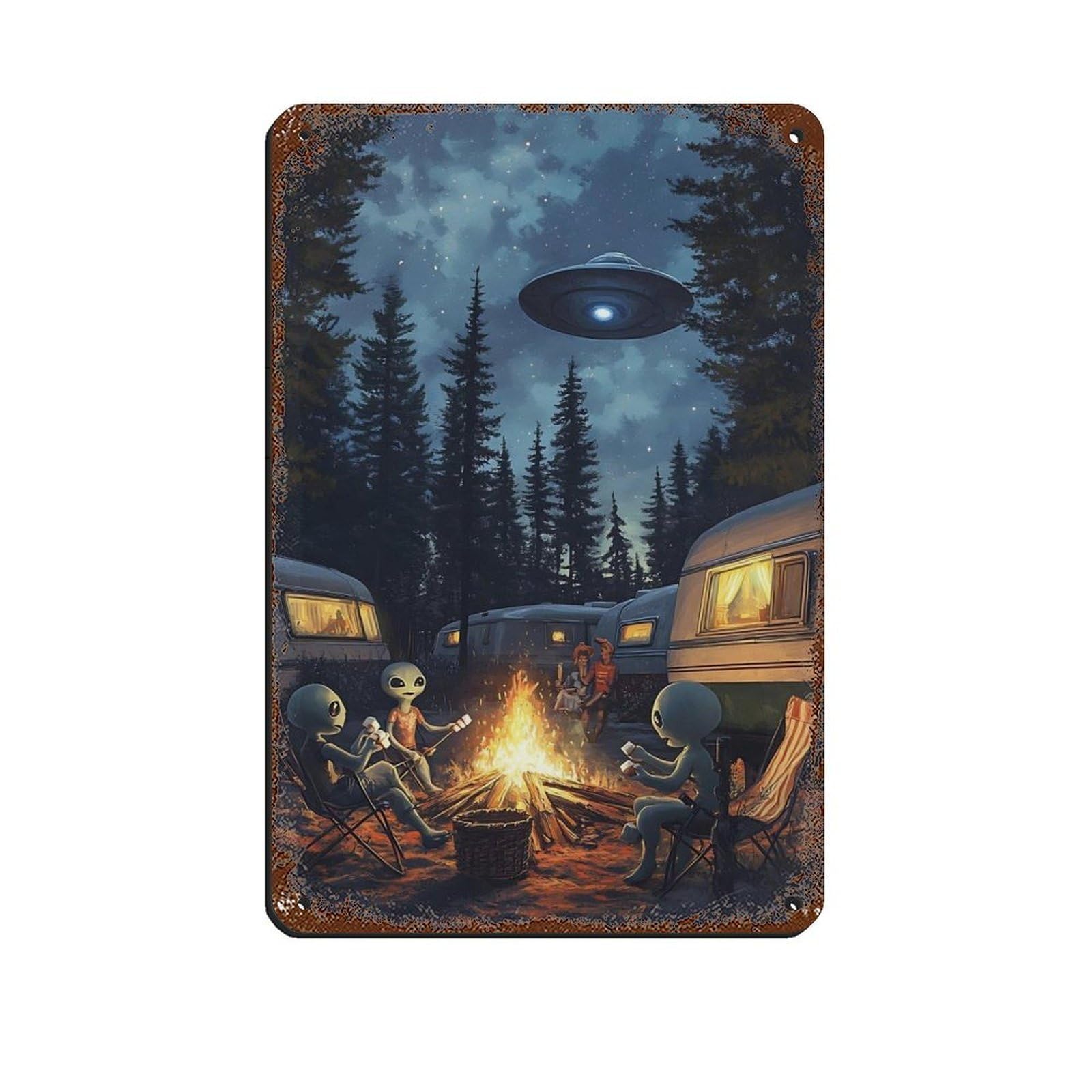 Lxwnze 20L X 30W Cm Alien Camping Scene Ufo Art Tin Sign Vintage Metal Pub Club Cafe Bar Home Wall Art Decoration Poster Retro 8X12inch(20X30cm)