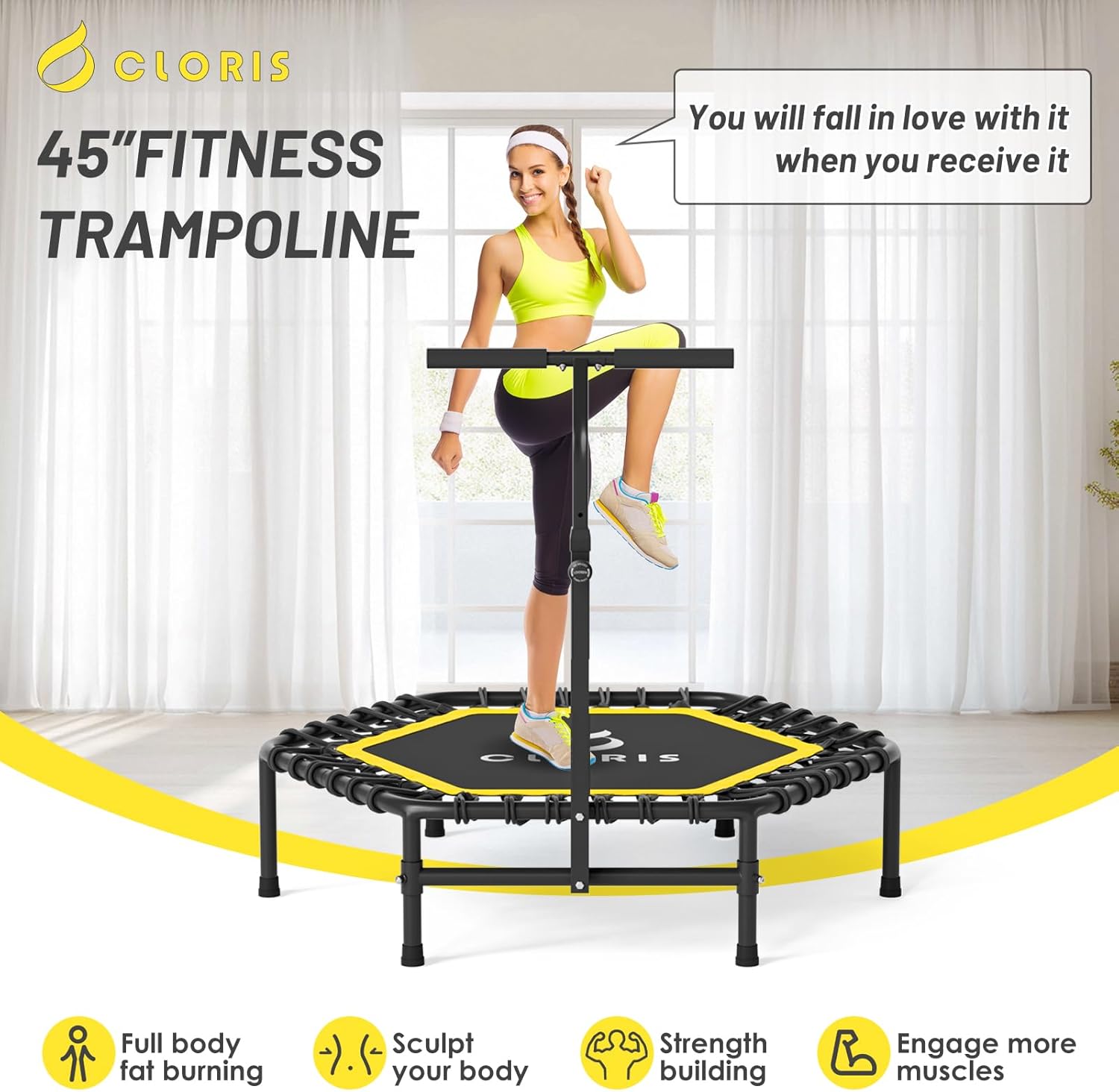 CLORIS 45'' Rebounder Trampoline for Adults - Max Load 450lbs, Trampoline with Adjustable Foam Handle Indoor/Outdoor Fitness Body Exercise