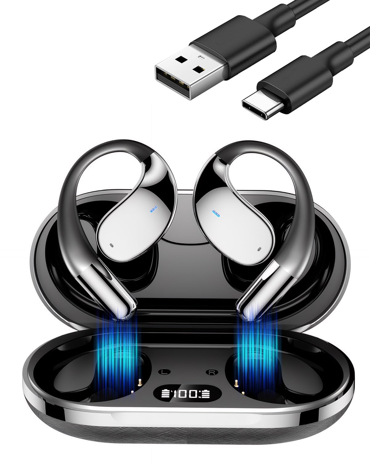 Auricolari Bluetooth Senza Fili Sport 40Hrs Auricolari Bluetooth 5.4 con Stereo HiFi 3D ENC Riduzione Rumore Mic Auricolari Sport Impermeabili IP54 Stereo con Cuffie Schermo LED Ganci Auricolari per