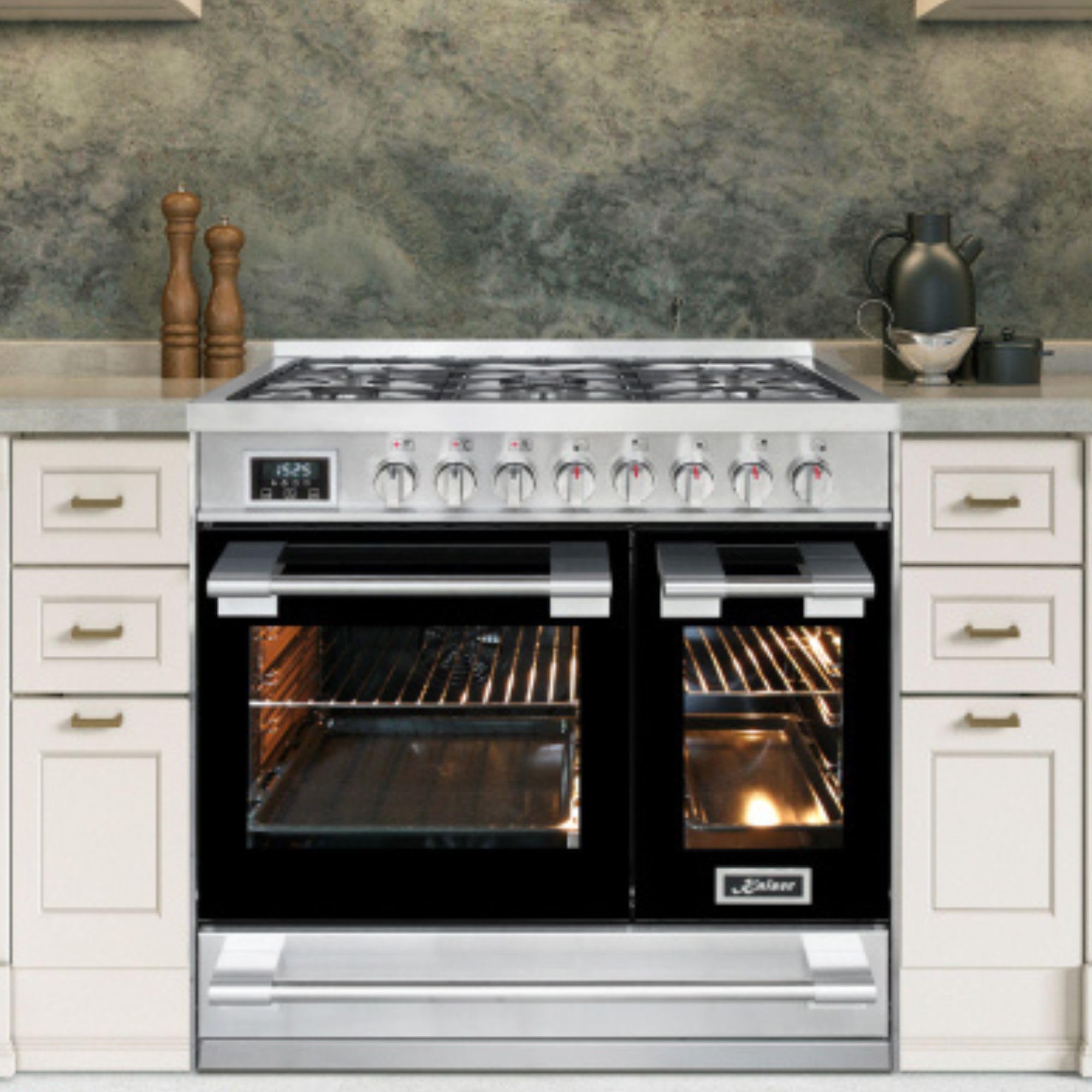 Kaiser HGE 93201 R Cuisinière en Acier Inoxydable de Qualité Supérieure avec Double Four Électrique, 115 L, Range Coocker 90 cm, 8 Fonctions, 5 Brûleurs à Gaz 3,7 kW, pour WOK Gaz Naturel