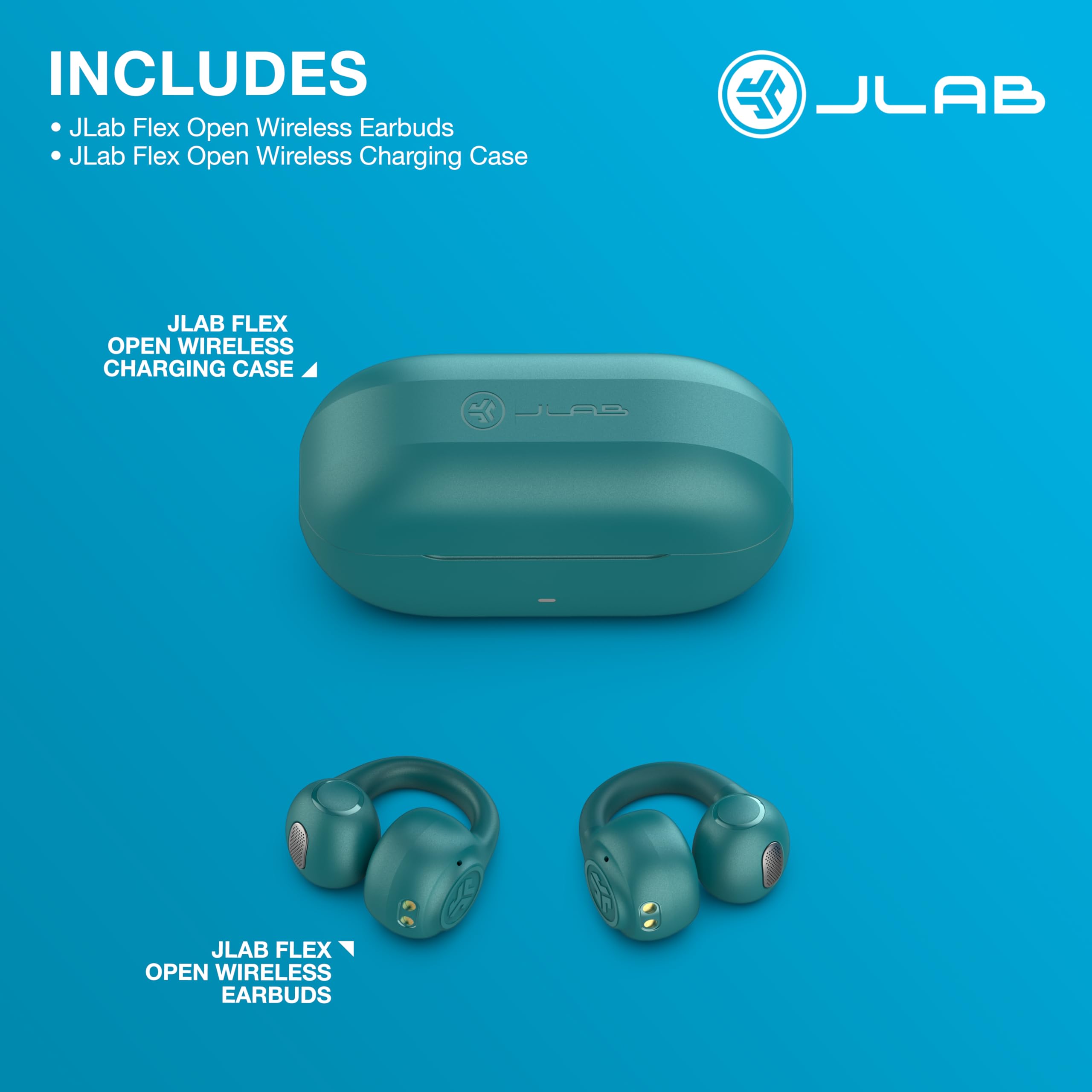 JLab Flex Auriculares de Oído Abierto - Inalámbricos, Diseño con Clip, 21H de Reproducción, Bluetooth Multipunto, Micrófono MEMS, App Personalizable, Verde Azulado