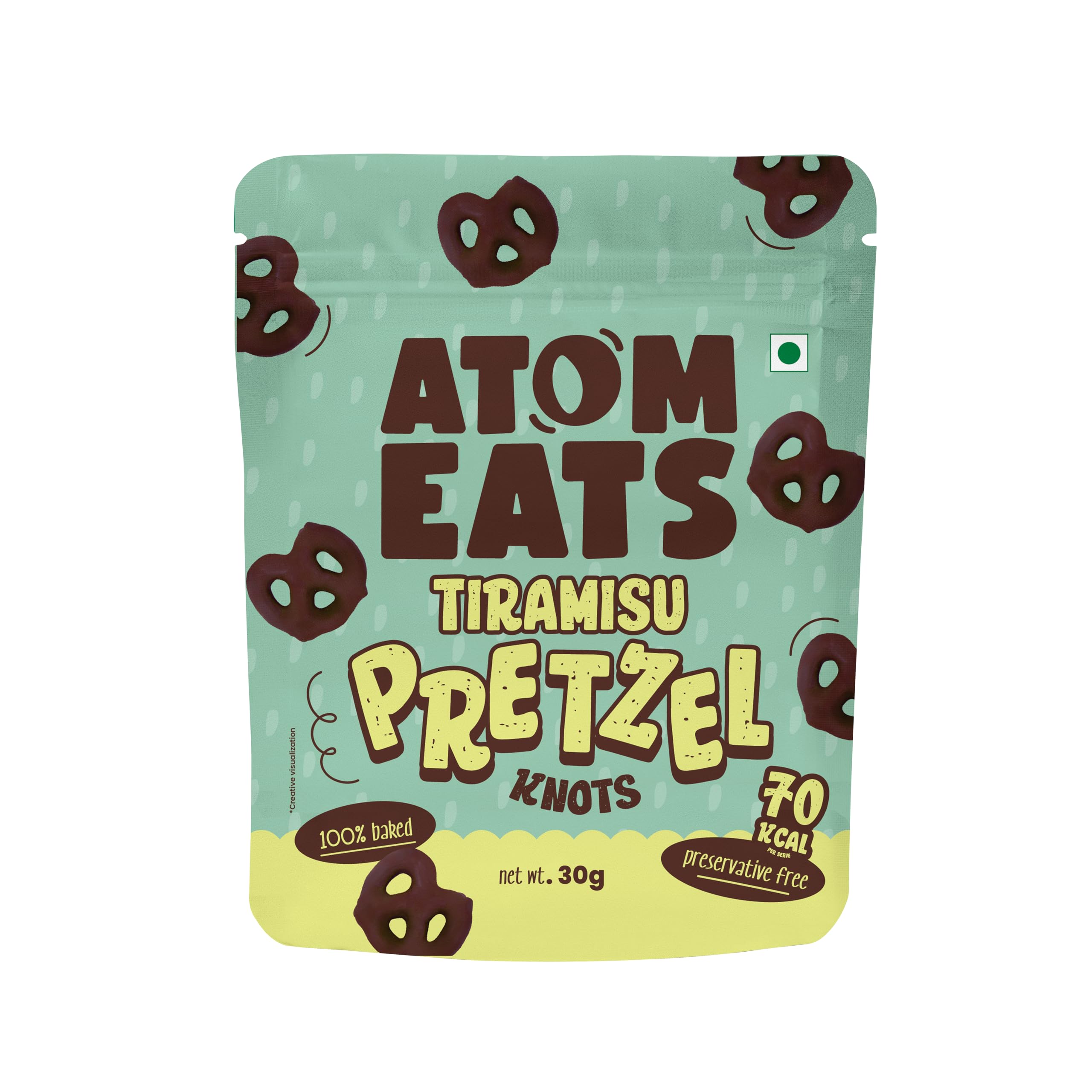 Atom Eats | Tiramisu Pretzels 30g | Pack of 1 | Coffee & Cocoa Coated Dipped Pretzel Knots | Rich Choco - Perfect Gourmet Snack for Sharing, Parties - Imported Chocolates, Versatile Delight | 100% Baked | Preservative Free