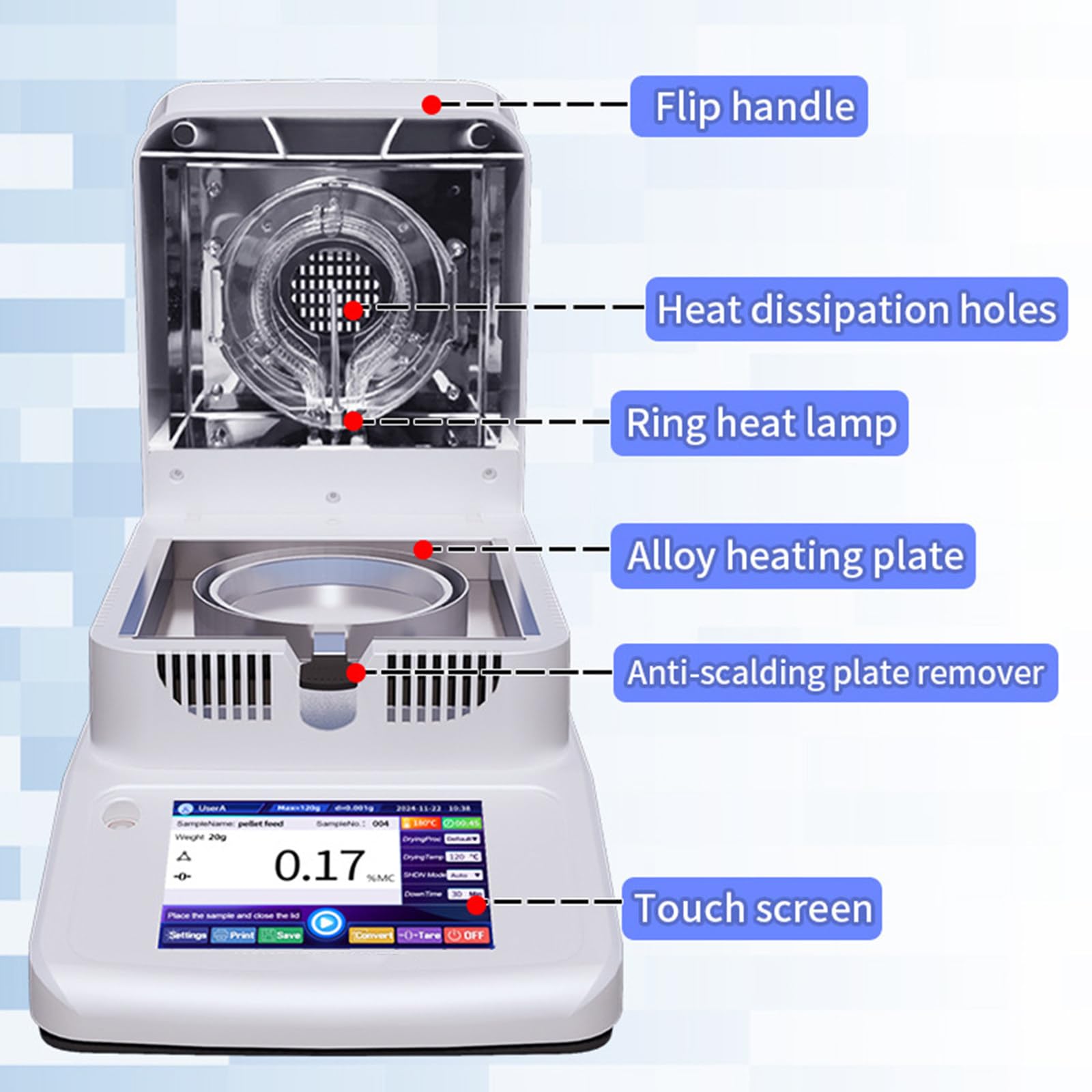Digitaler Feuchtebestimmer, Halogen-Feuchtebestimmer, Hohe Genauigkeit 0,001 G, hocheffiziente Halogenlampenheizung, für Gummi/Tee/Getreide/Lebensmittel Accuracy0.005g