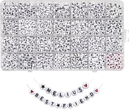 Melius Acrylic Letter Beads, 1450 Pcs 4x7mm Round Alphabet Beads in 28 Grid Box for Jewelry Making, DIY Bracelets (4x7mm, White)