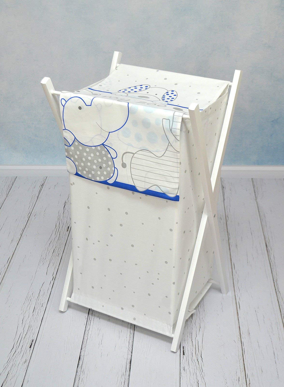 Baby Laundry Basket Nursery Hamper Bag Storage BIN with Removable Linen 70 Litre White Frame (Zoo Blue)