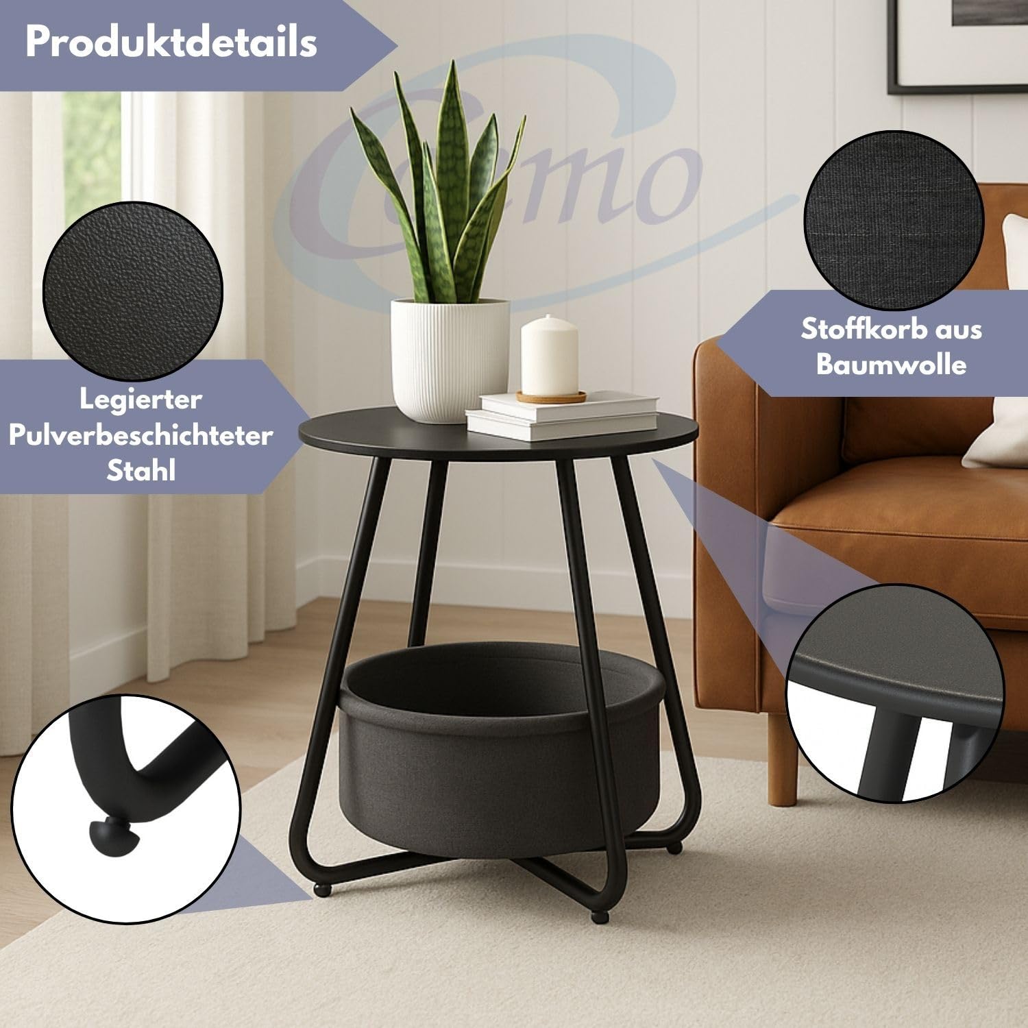 Coemo Couchtisch KOSI aus Metall Ø45x45cm mit Aufbewahrungskorb, Schwarz