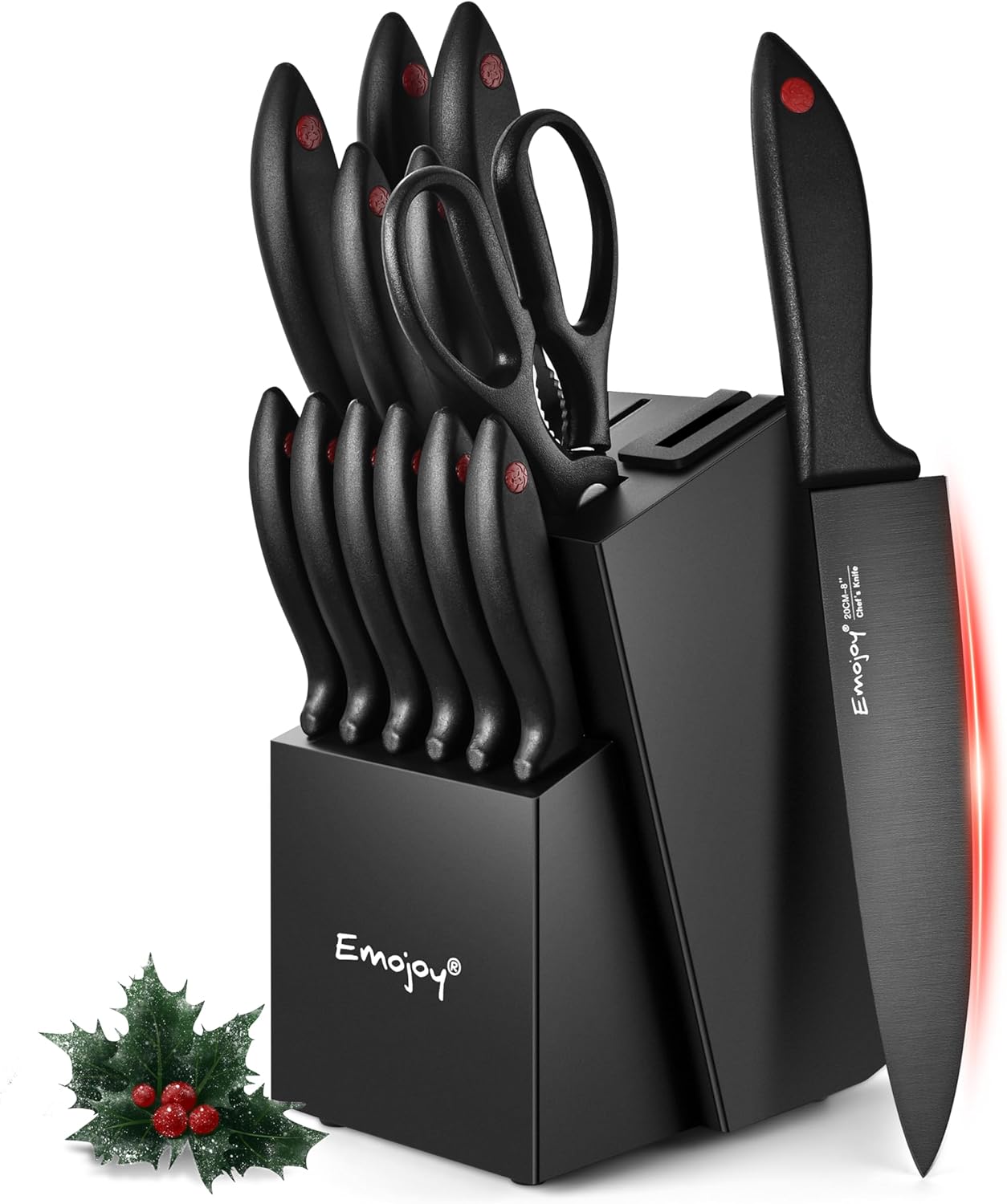 Emojoy 15Pcs Kitchen Knife Set with Block and Builtin