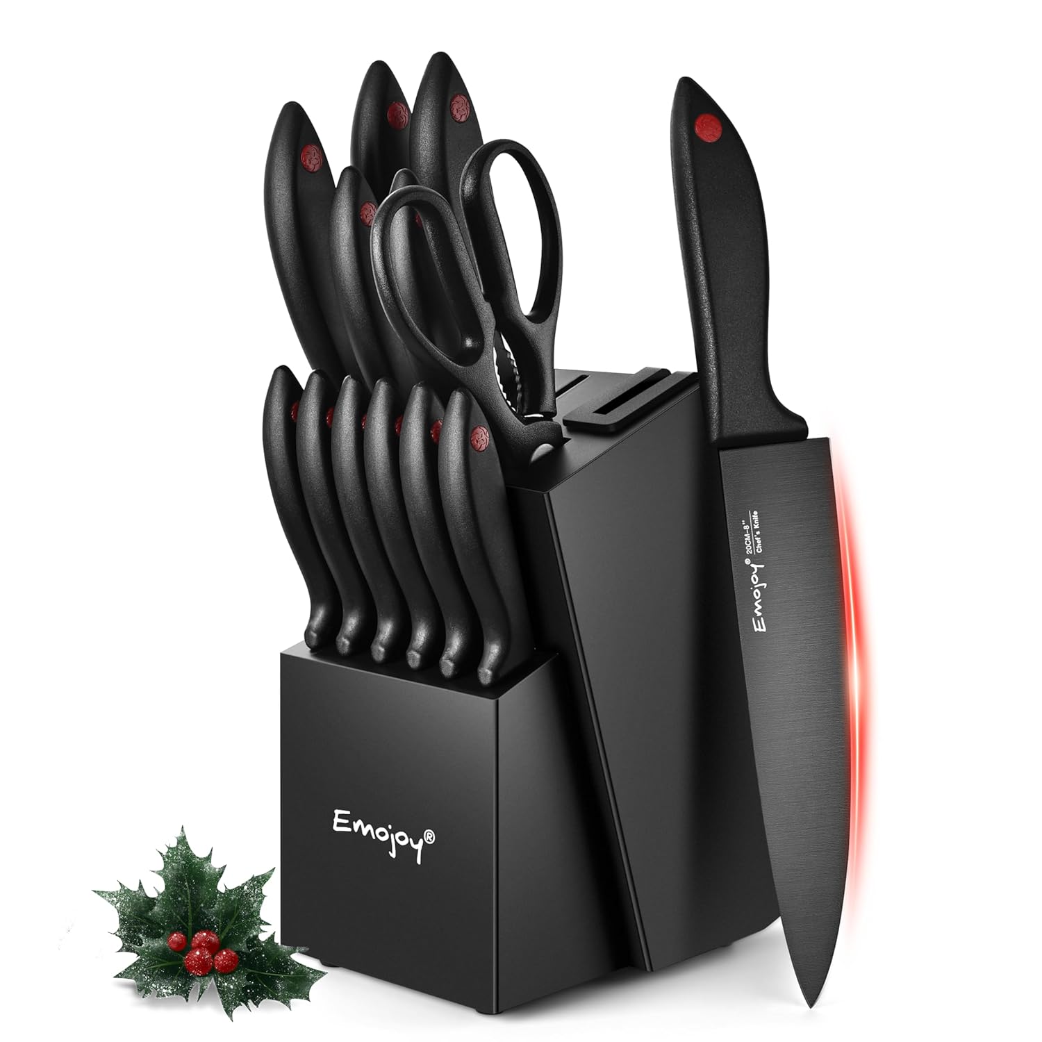 Emojoy Knife Set Kitchen Knife Set with Block 15 PCS German Stainless Steel Knives with Built-in Sharpener for