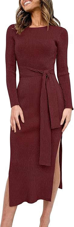 Caracilia Women's Crew Neck Long Sleeve Midi Sweater Dress 