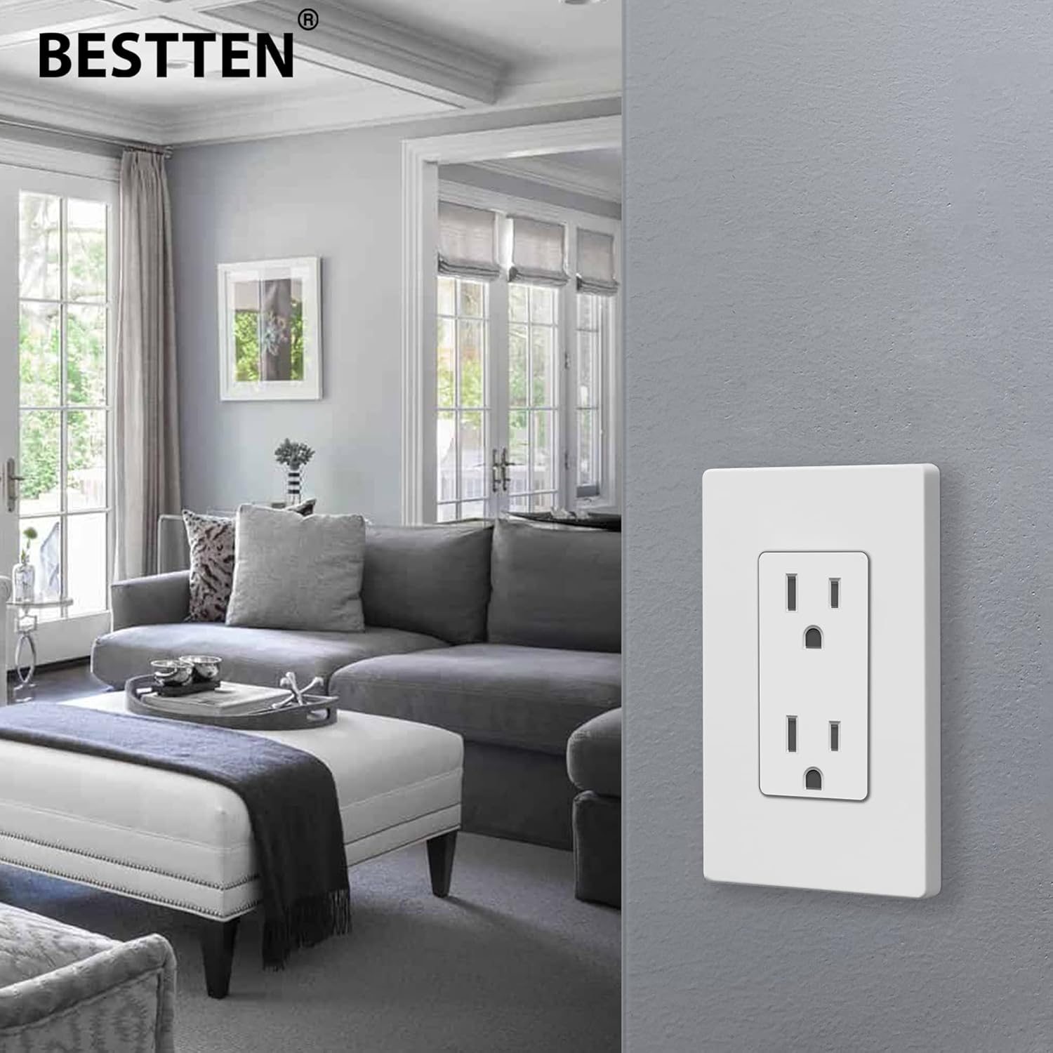 [20 Pack] BESTTEN 15 Amp Decorator Receptacle Outlet with Screwless Wall Plate, Non Tamper-Resistant, 15A/125V, UL Listed, White