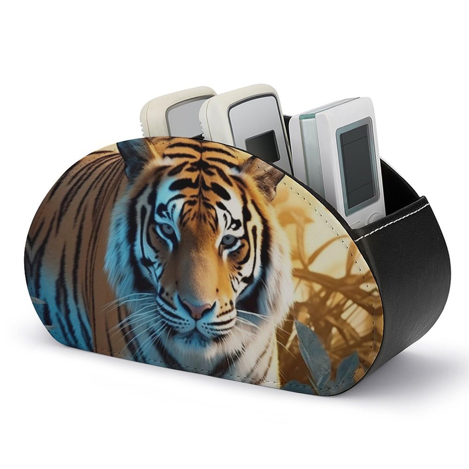 DWVTSLH African Wildlife Tiger Remote Control Holder with 5 Compartments - PU Leather TV Remote Holder Remote Caddy Desktop Organizer Makeup Brush Holder, Remote Storage Box for Home Office