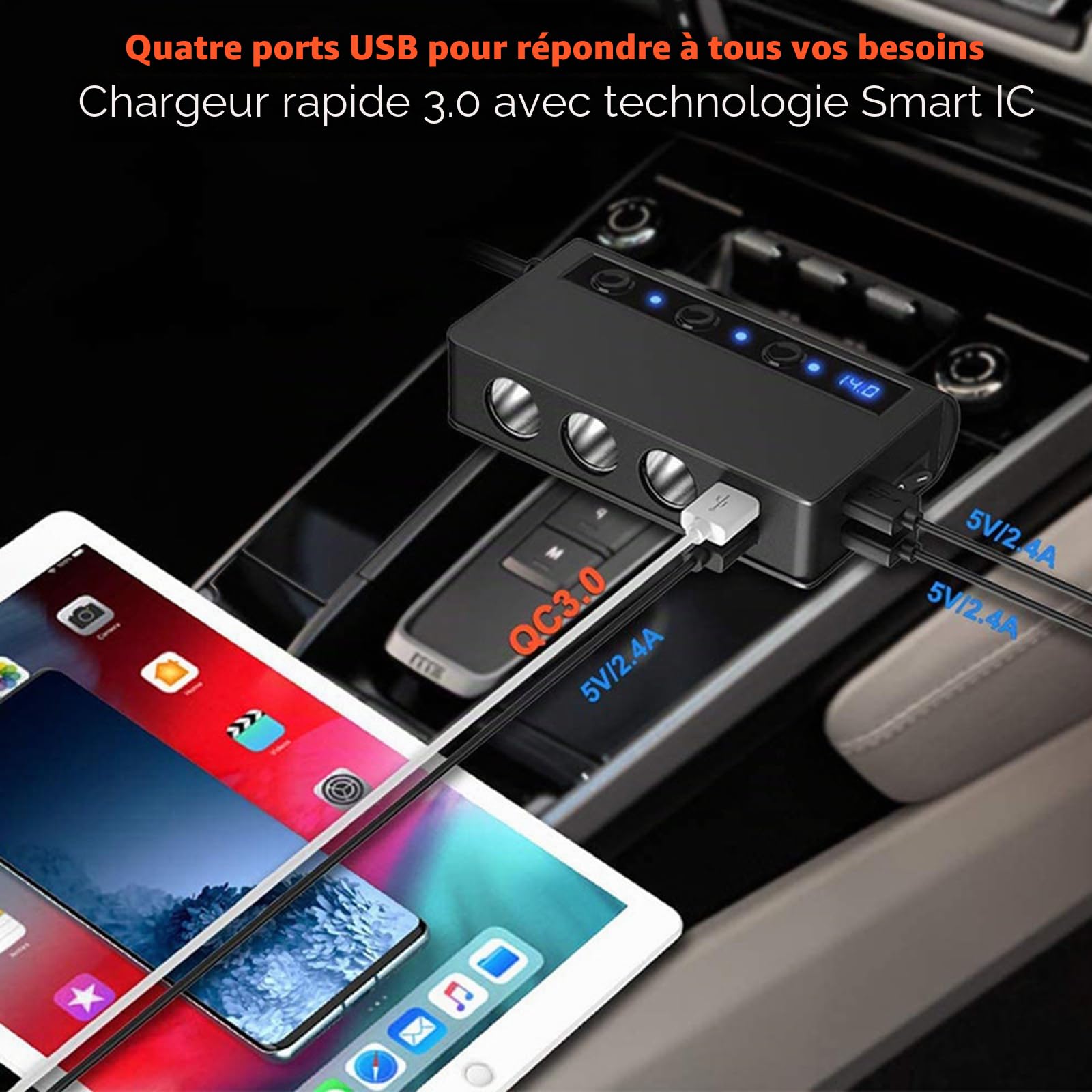 Chargeur Allume-Cigare de Voiture Socle Splitter 180W Adaptateur Allume-Cigare avec 4 Ports USB Interrupteur séparé Indicateur de Tension QC3.0 Charge Rapide pour téléphone Tablets Dash Cam