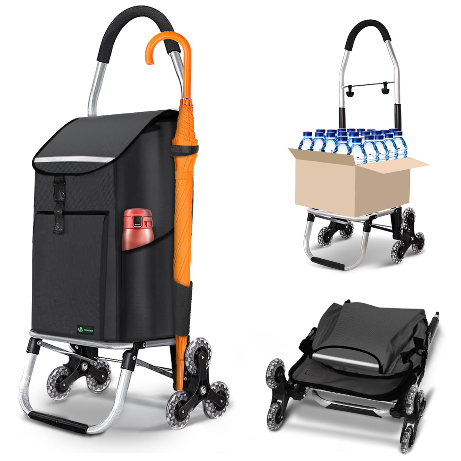 Vounot Black Vounot® Folding Shopping Trolley On 6 Wheels, Aluminium Lightweight Shopping Cart With Insulated Cooling Bag, 2 Hooks, 2 Side Pockets, Stair Climbing Grocery Trolley, 58L