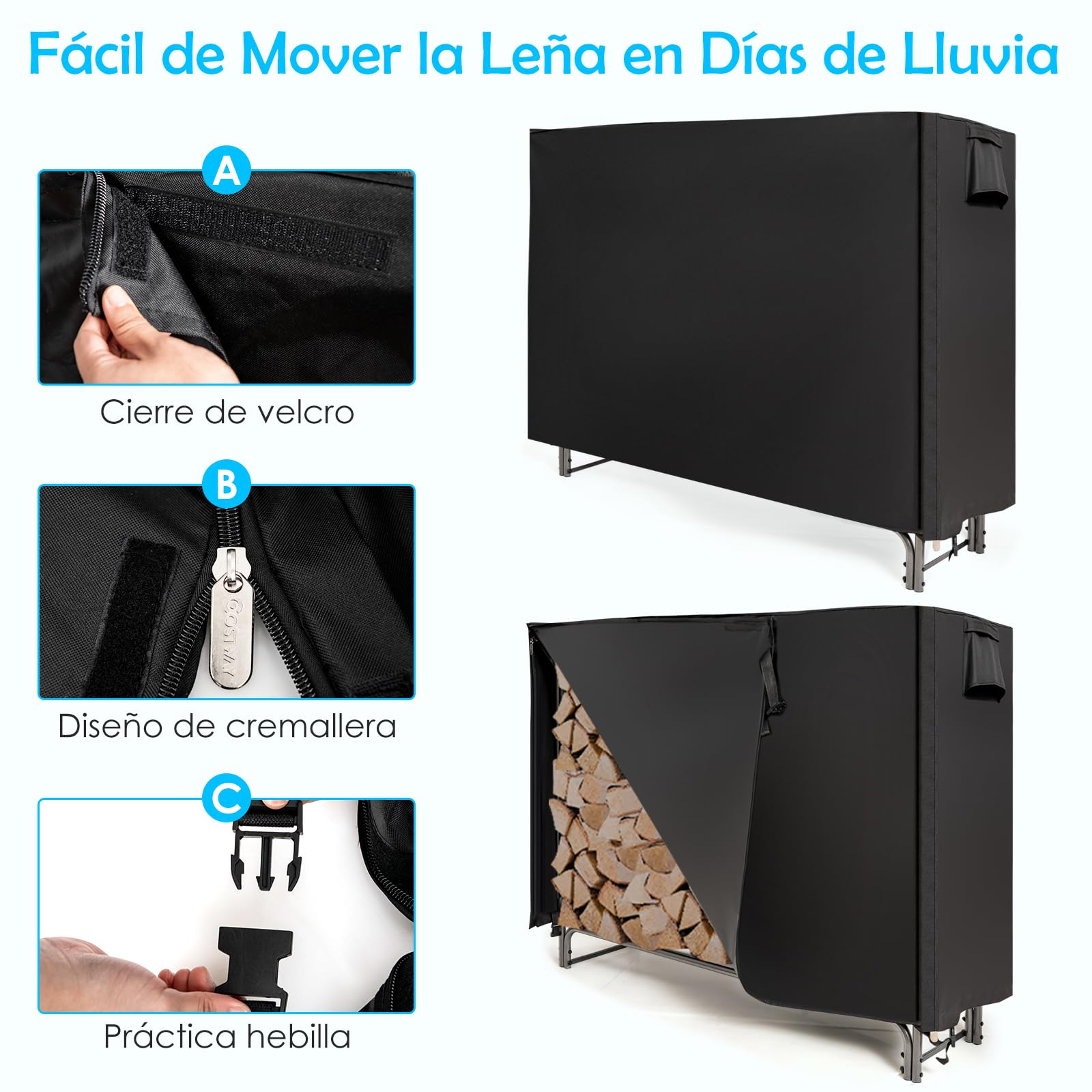 COSTWAY Leñero Exterior con Cubierta PVC 600D Impermeable, Estante leña de 122,5 CM/153 CM/184 CM/240 CM, Soporte para Leña Chimenea Interior Exterior Patio Negro (153 CM)