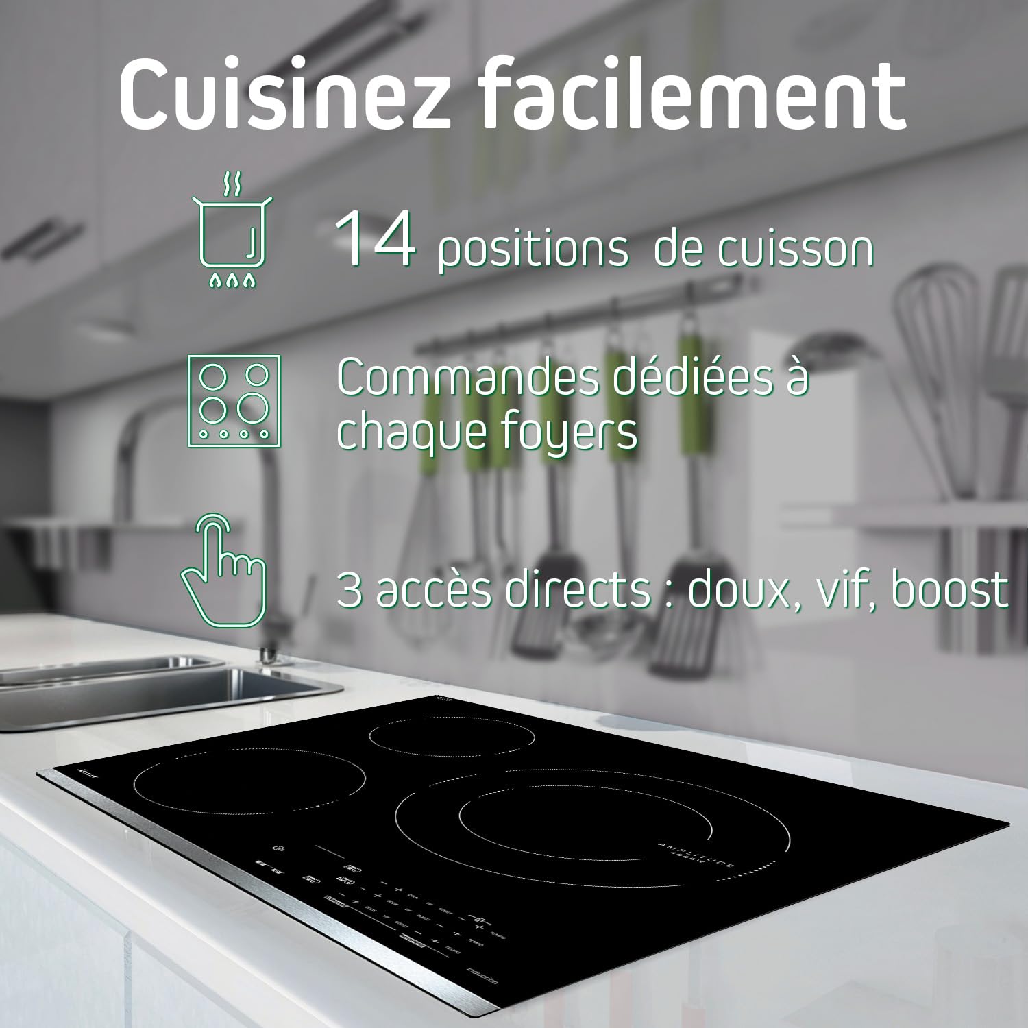Table de Cuisson Induction SAUTER - 4 foyers - L60 x P51cm - SPI4664B - 7200W - Revetement verre - Noir