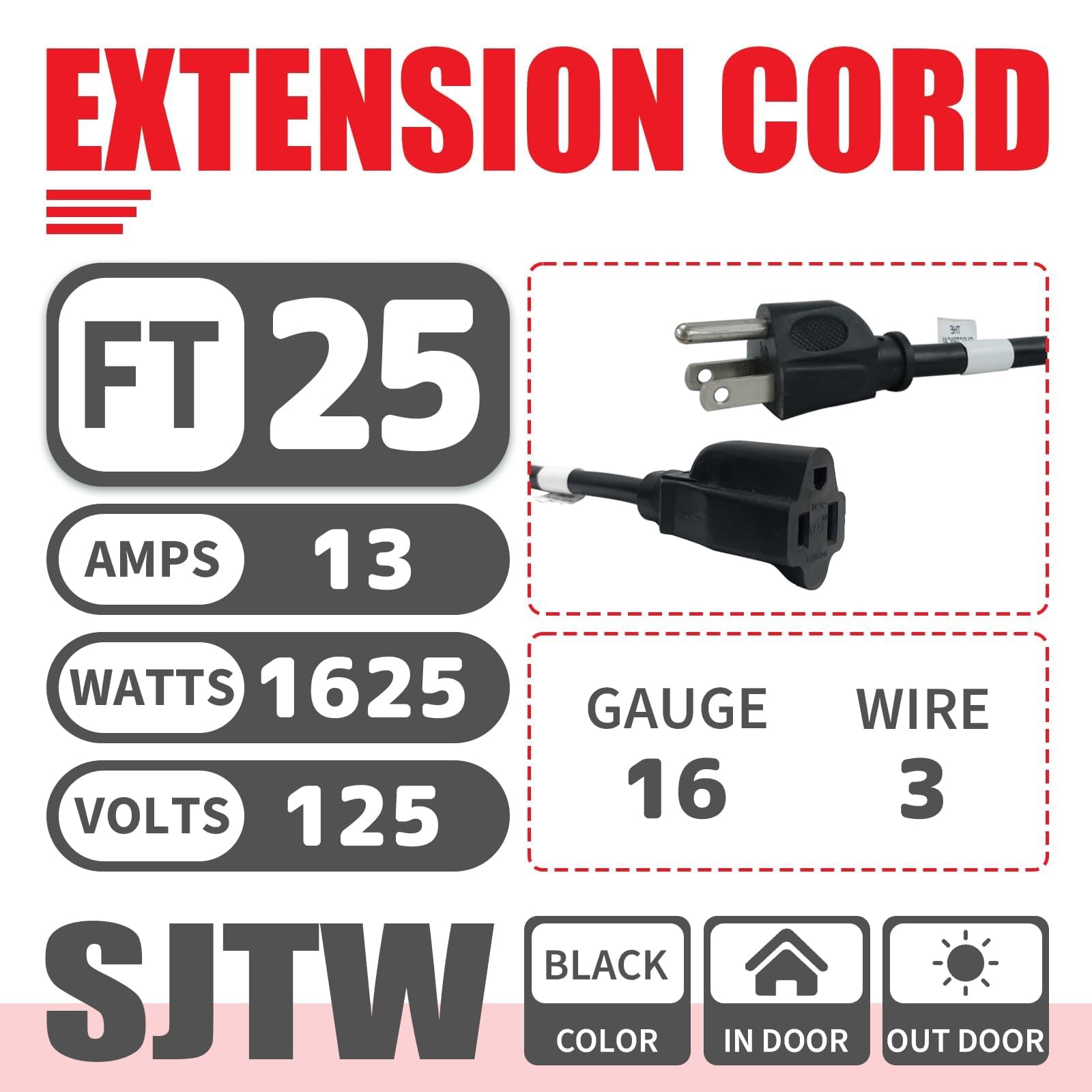 EP Przedłużacz 25 m, SJTW, wytrzymały, odporny na warunki atmosferyczne, kabel zasilający z 3-bolcową wtyczką uziemioną, do użytku wewnątrz i na zewnątrz, czarny