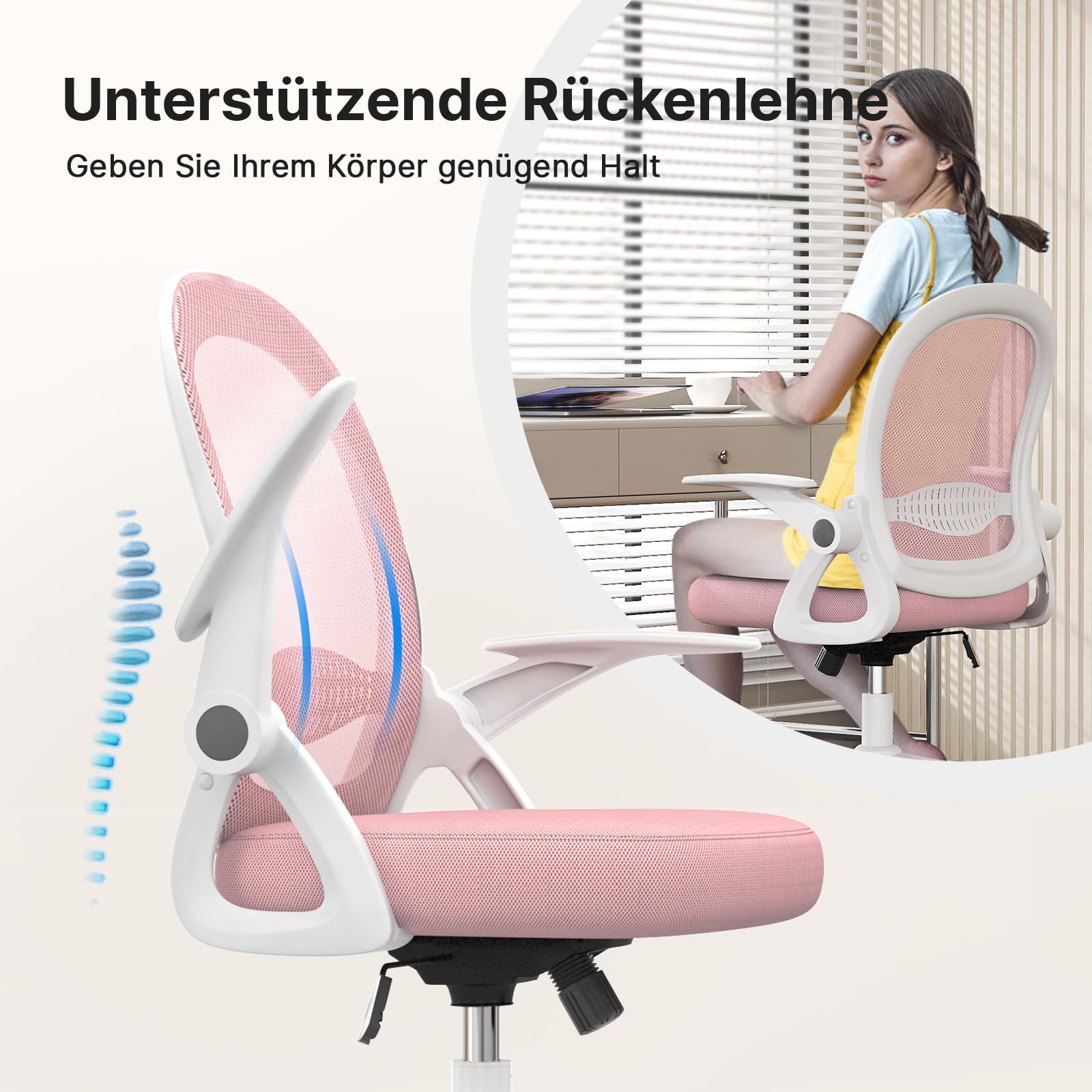 naspaluro Bürostuhl, Ergonomischer Schreibtischstuhl mit Atmungsaktiv Netzbespannung, Hochklappbare Armlehnen, Höhenverstellbarer, Computerstuhl, Leichter Stuhl, 360° Drehstuhl, Rosa