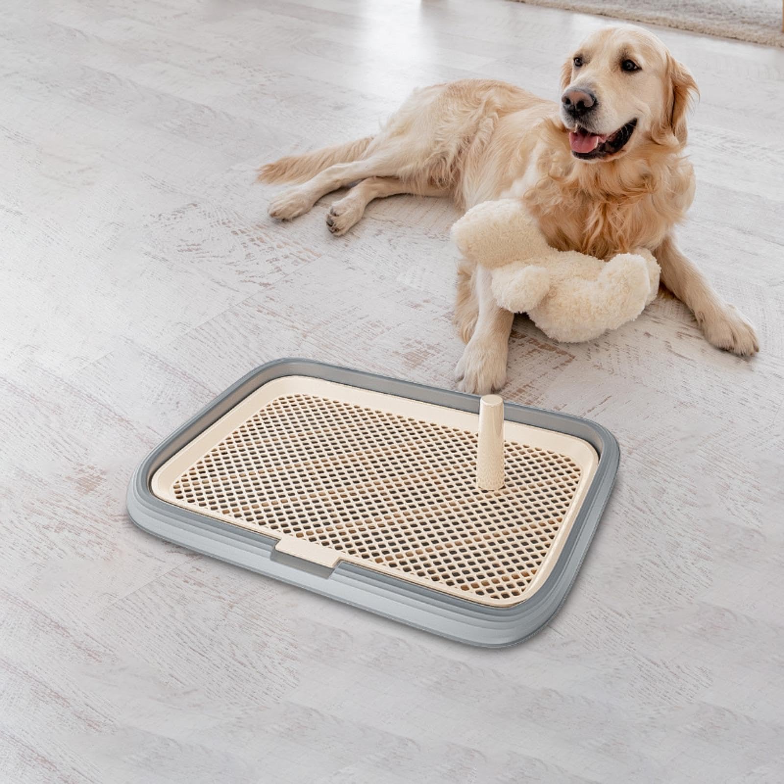 Toilet pour Chien Plateau d'apprentissage Grille à Porte Tapis Réutilisable Confort avec Filet Amovible Adapté Aux Chiots Animaux de Compagnie, Gris