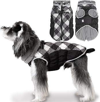 CuteBone Black Checkerboard Waterproof Winter Coat with Harness, Reflective Warm Dog Jacket with Zipper for Cold Weather, Snowsuit for Medium Large Dogs YRFN18XL