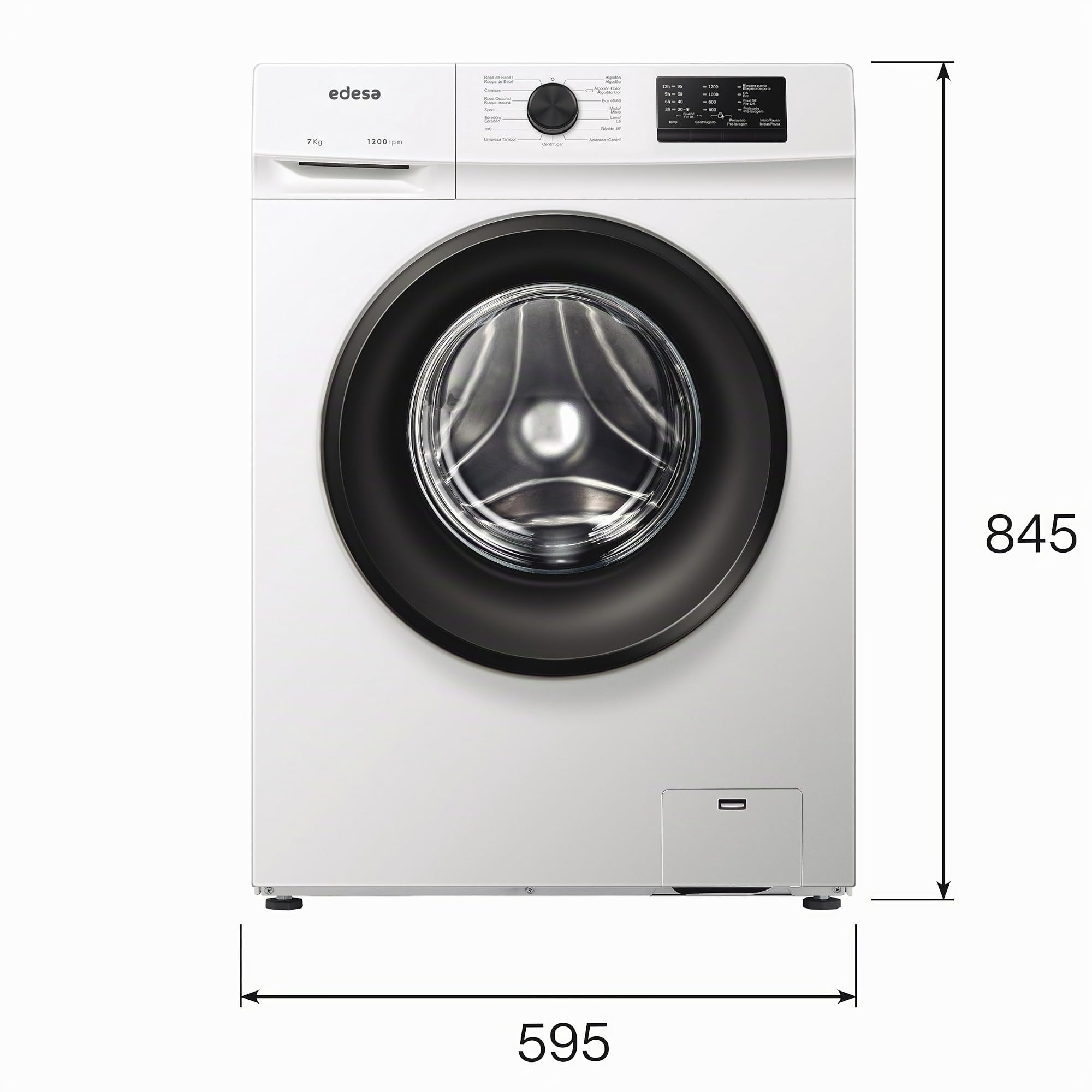 Edesa Lavadora de Libre Instalación EWF-7201 WH Capacidad 7 KG Carga Frontal 15 Programas de Lavado Gran Velocidad 1400 r.p.m Bloqueo Seguridad y Puerta Pantalla LED Color Blanco