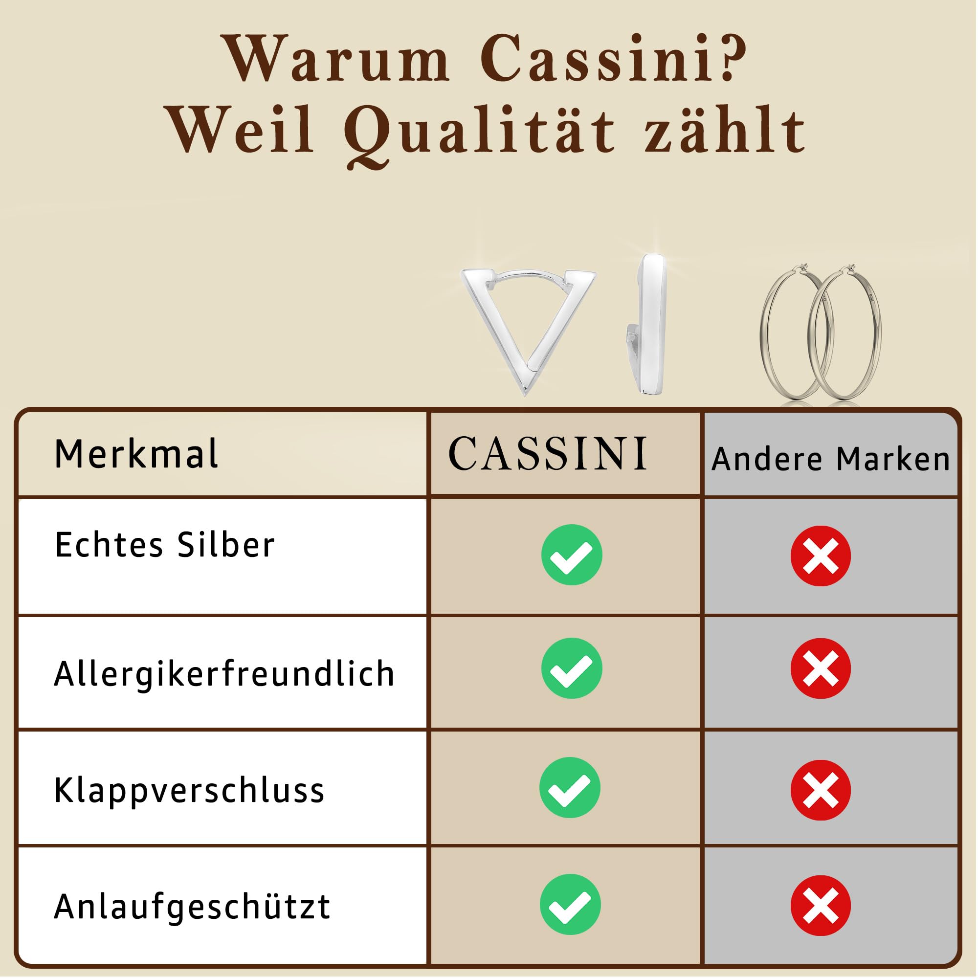 Cassini Creolen für Damen aus 925 Sterling Silber - Dreicke Creolen mit Klappverschluss, Mattiert oder Poliert, nickelfrei & antiallergisc, handgefertigt 3CZS