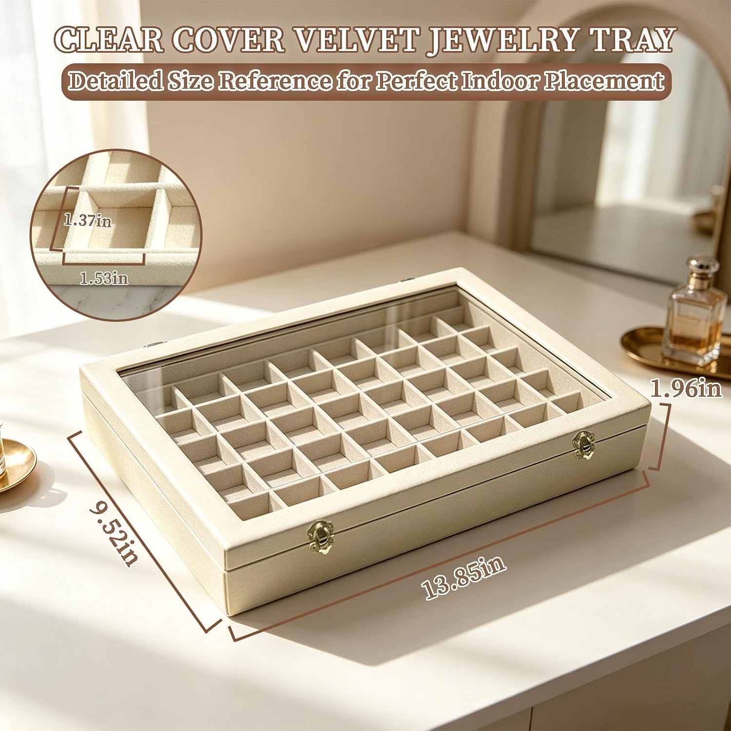 Velvet Jewelry Organizer 48 Grid Jewelry Display Tray Glass Lid Jewelry Box image 3