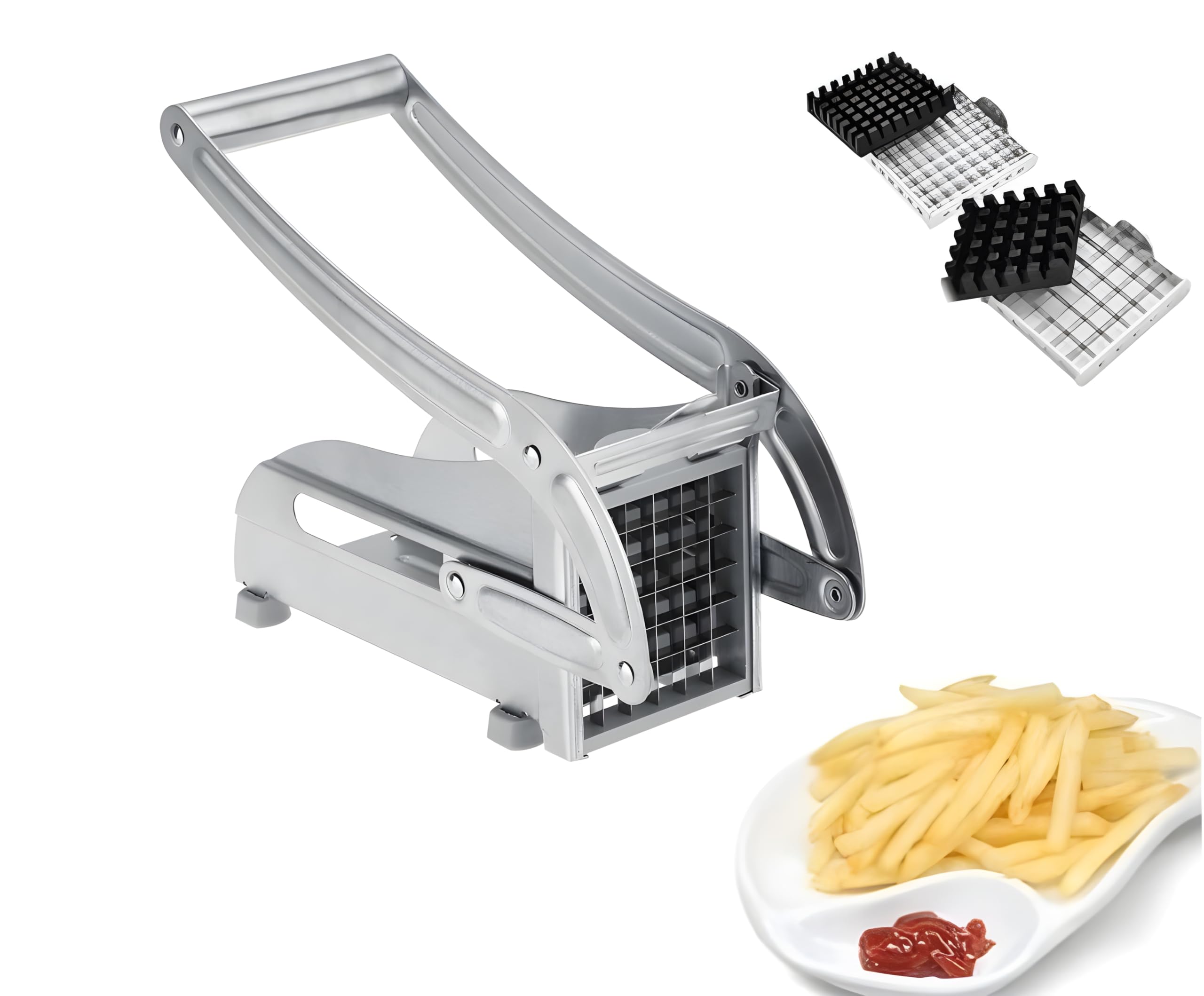 Potato Chipper Chip Cutter Stainless Steel French Fries Chopper Slicer Potato Vegetables Chipper with 2 Blades Professional Healthy Food Homemade Chips and Commercial Use