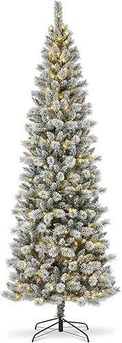Glitzhome Árbol de Navidad artificial de pino flocado preiluminado de 9 pies, árbol de Navidad grande para decoración de Año Nuevo