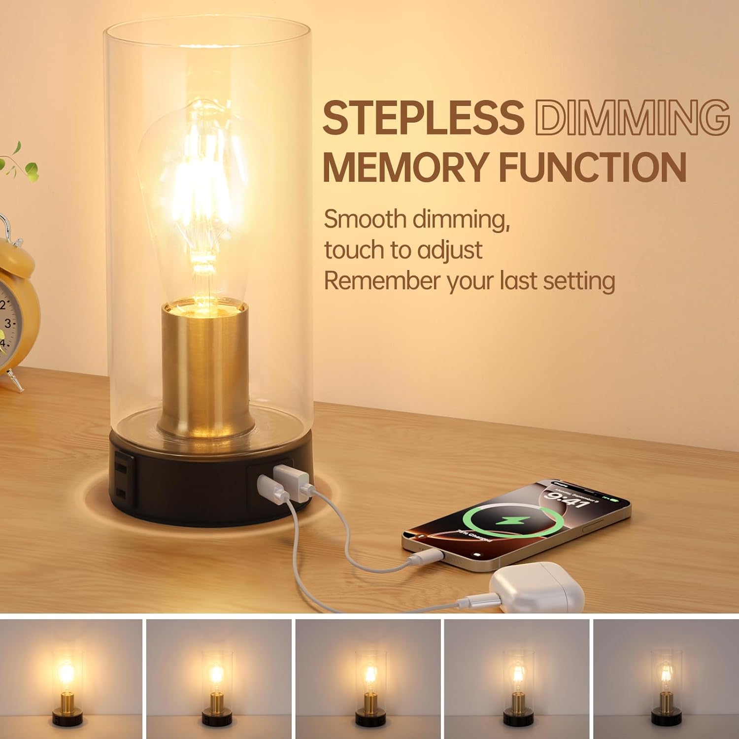 Industrial Bedside Table lamp for Bedroom -Touch Lamp with USB-A+C Charging Ports & AC Outlet. Nightstand Lamp with Black Gold Metal Base Glass. Dimming Small Lamp for Bedroom, Dorm, Living Room