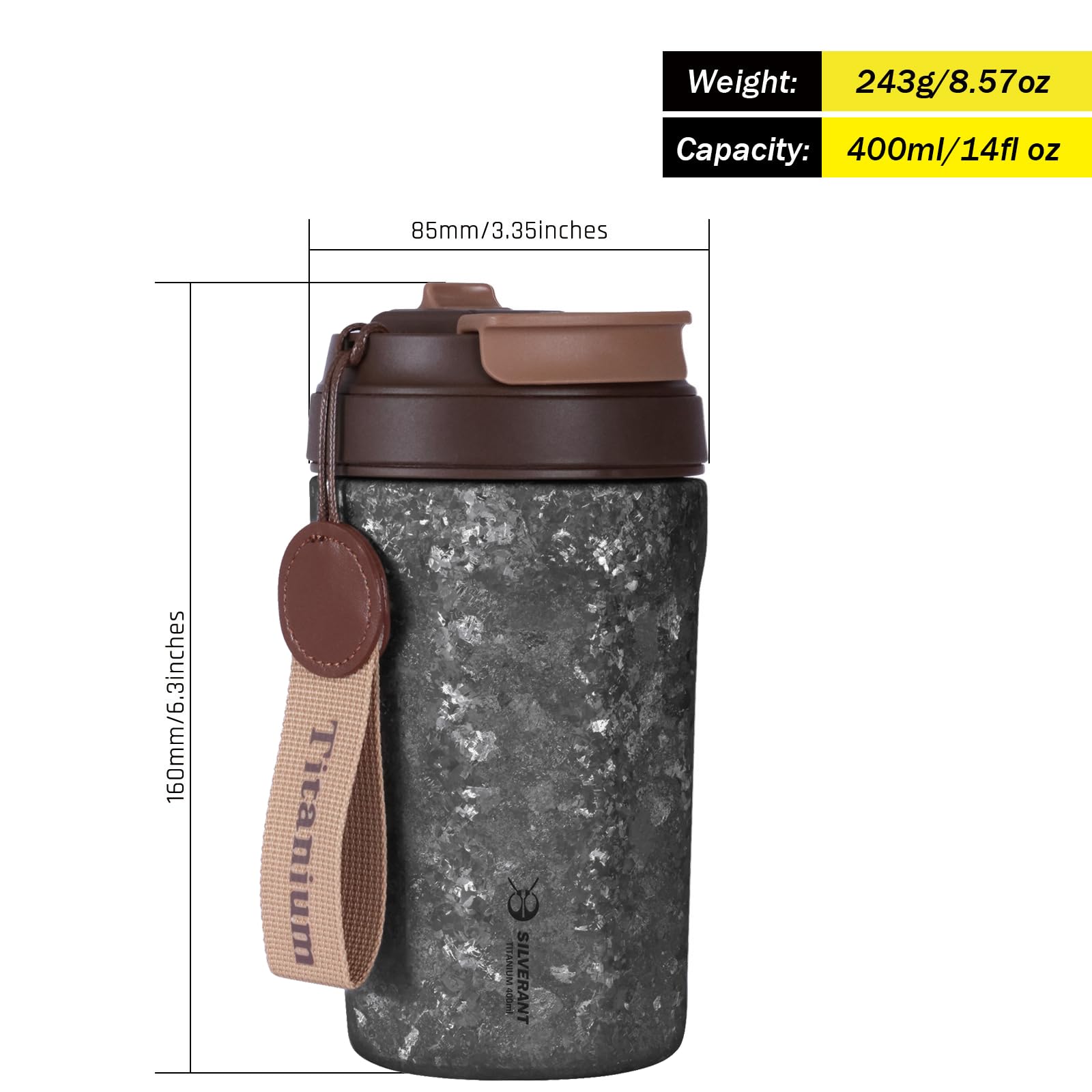 SILVERANT Isolierter Titan-Kaffeebecher mit Strohhalm, doppelwandiger Becher, wiederverwendbar und auslaufsicher, hält Flüssigkeiten heiß oder kalt, für den Innen- und Außenbereich (400 ml, Schwarz