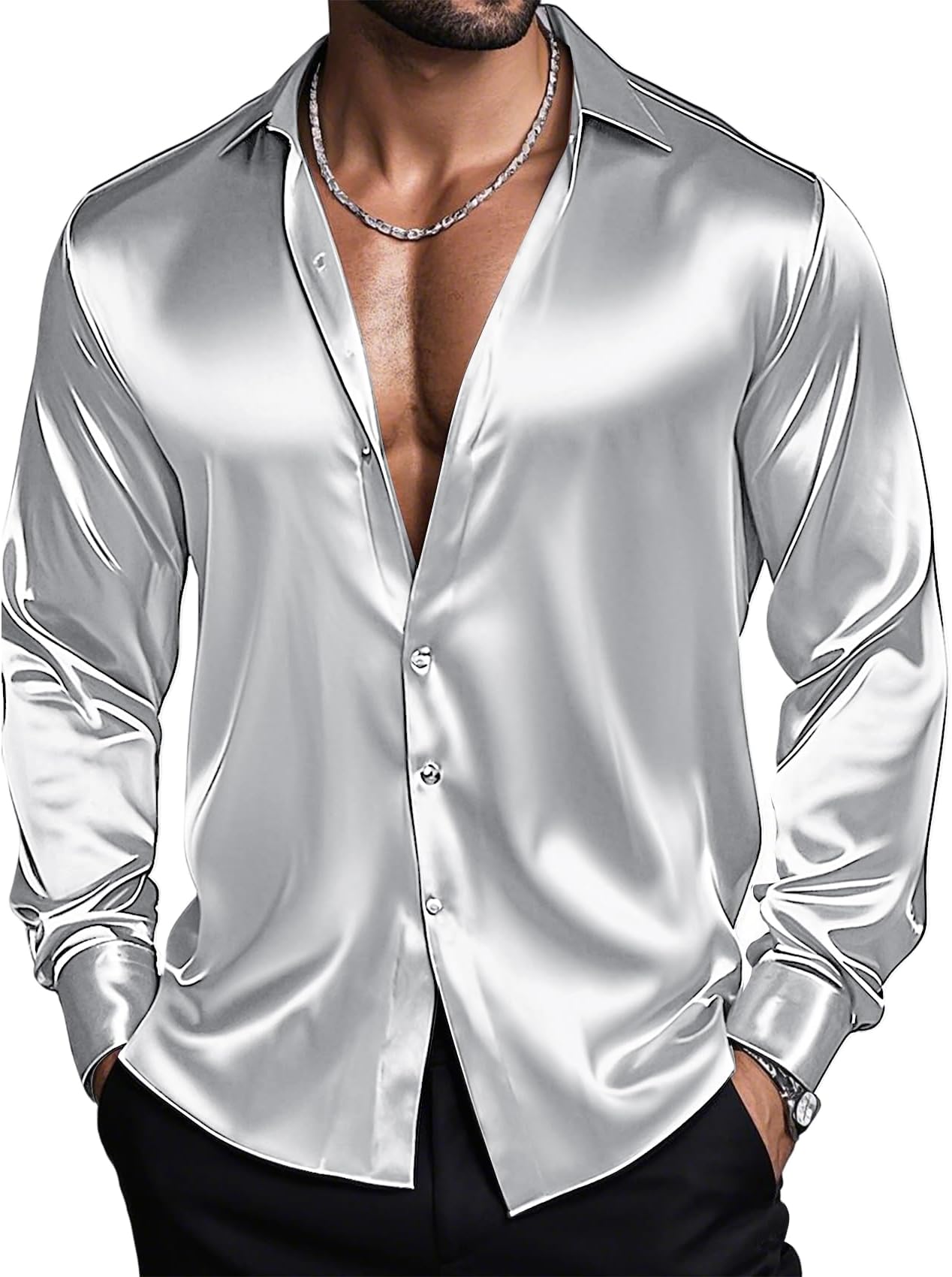 Barry.Wang Mens Stretch Dress Shirts Solid Long Sleeve Button Down Shirts Formal Casual Business Prom Party Wedding